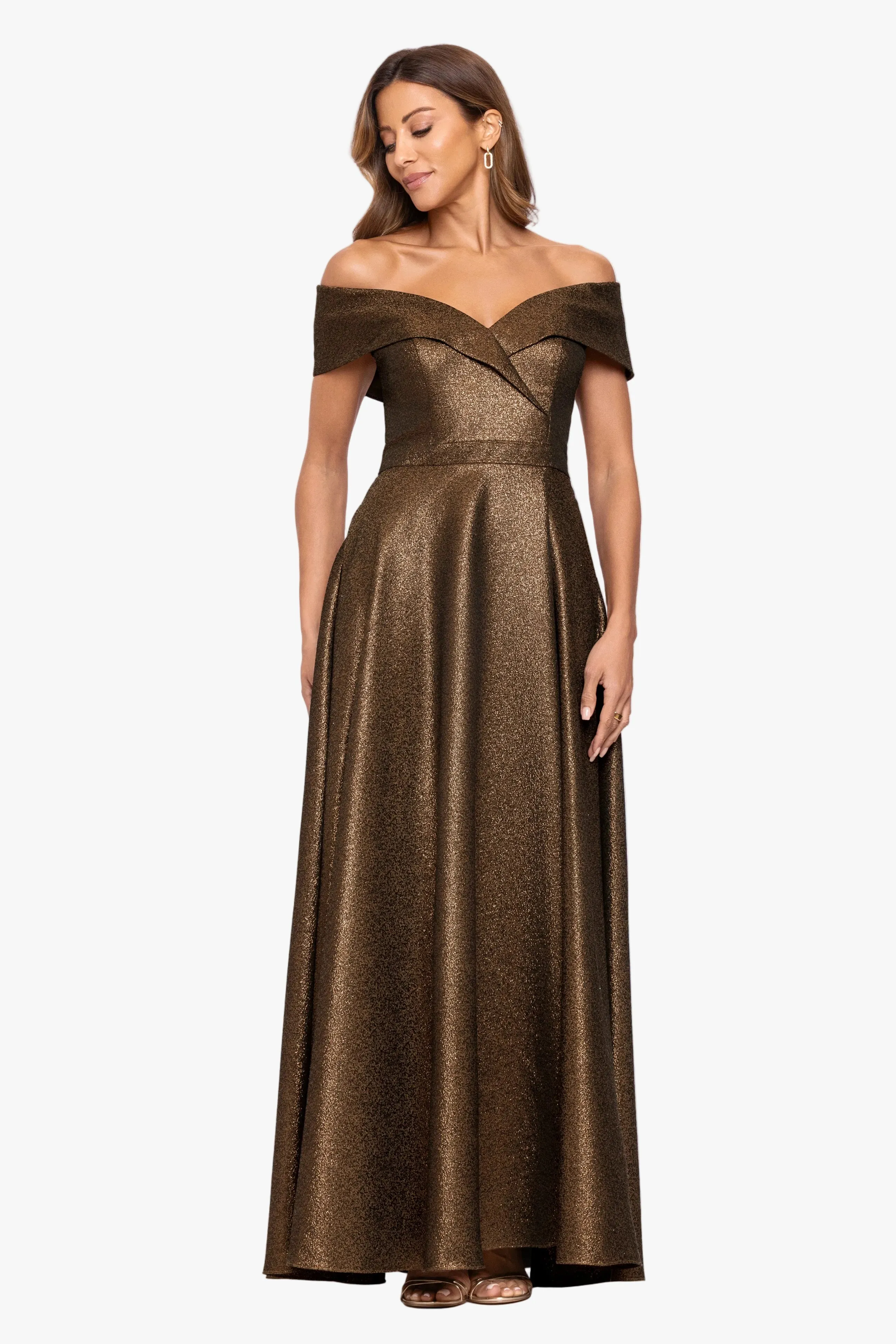 "Julien" Metallic Jacquard Off Shoulder Gown sold by Xscape product image thumbnail 2