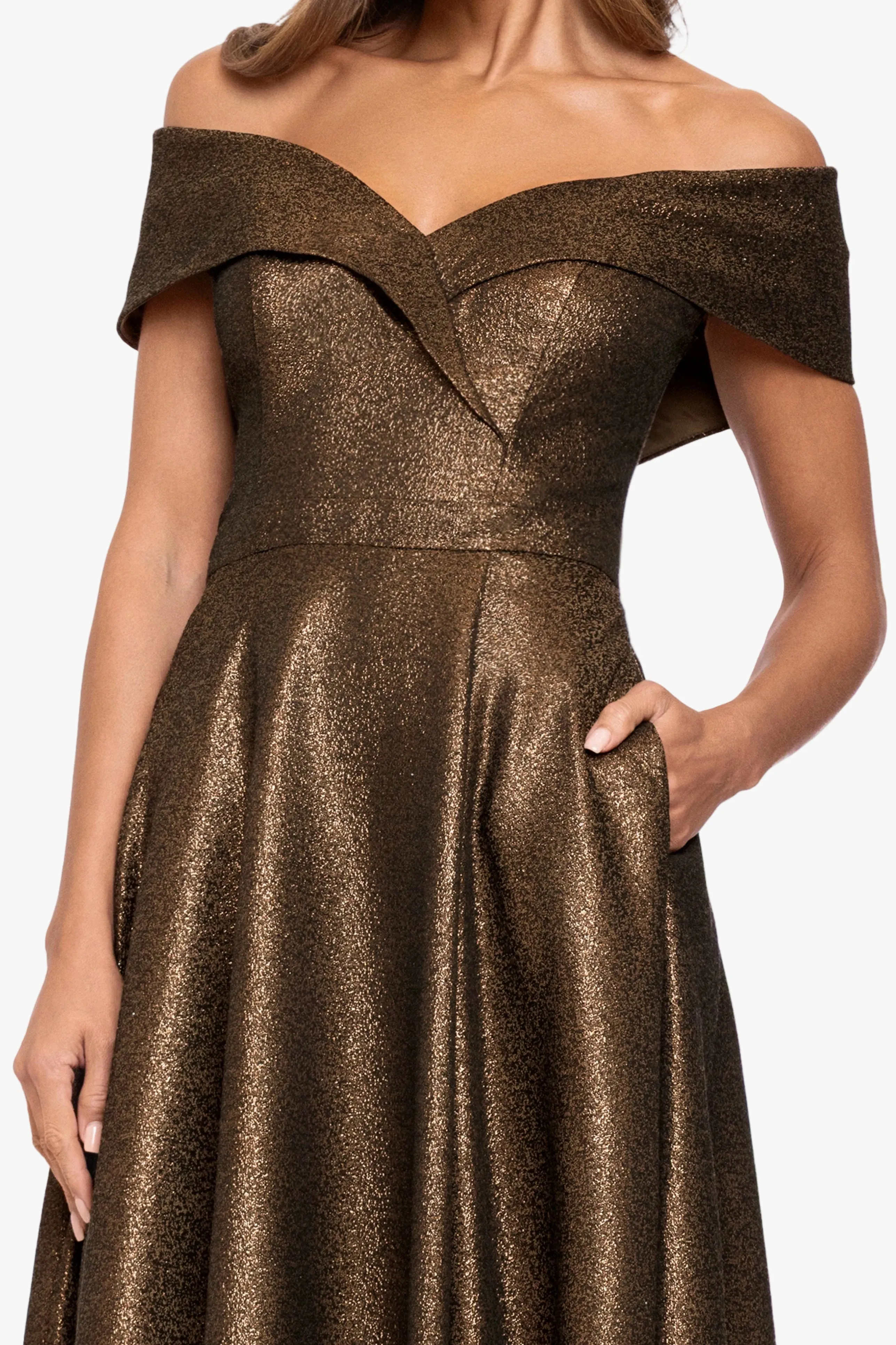 "Julien" Metallic Jacquard Off Shoulder Gown sold by Xscape product image thumbnail 3