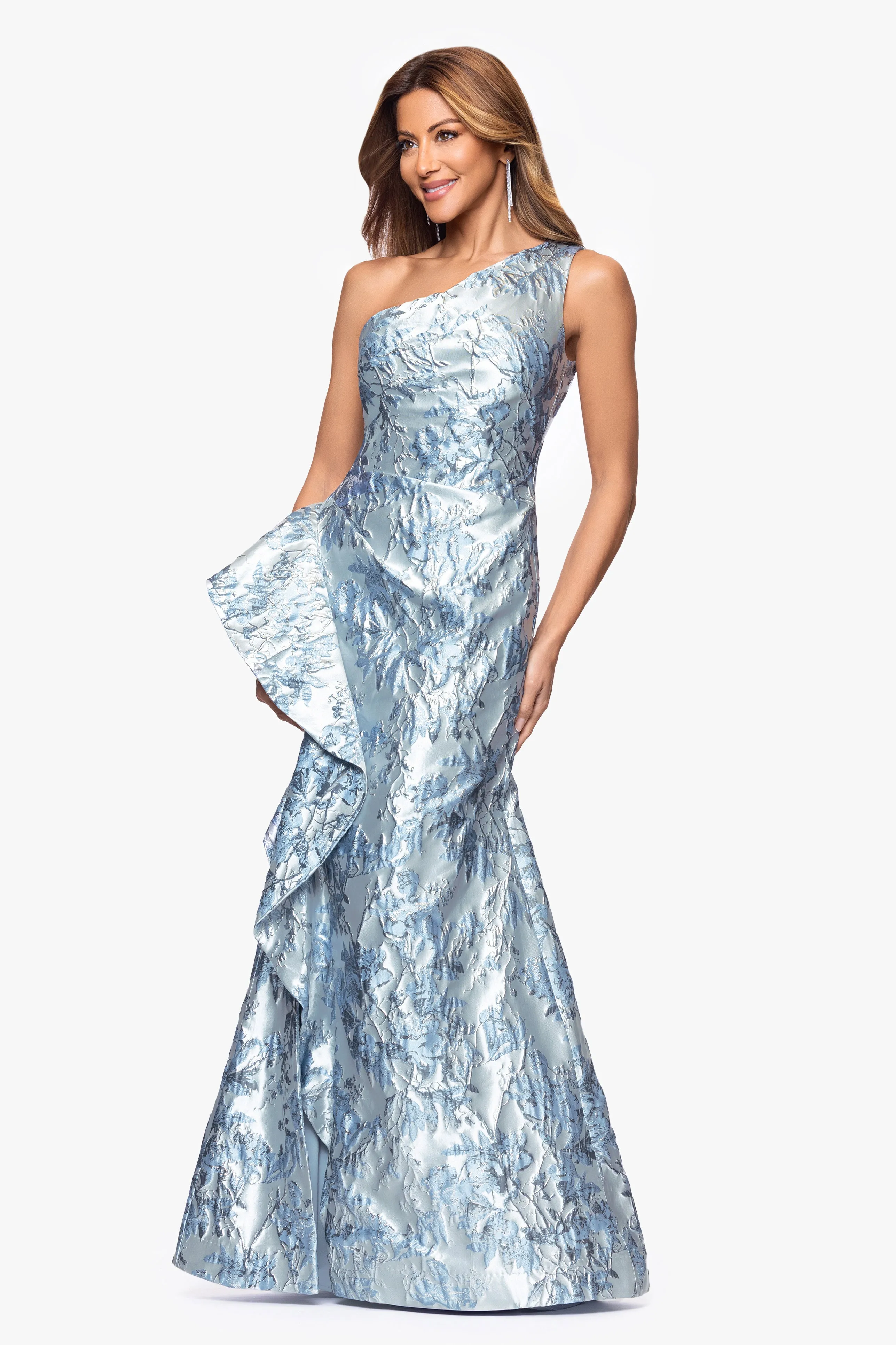 "Ida" Brocade One Shoulder Ruffle Dress sold by Xscape product image thumbnail 4