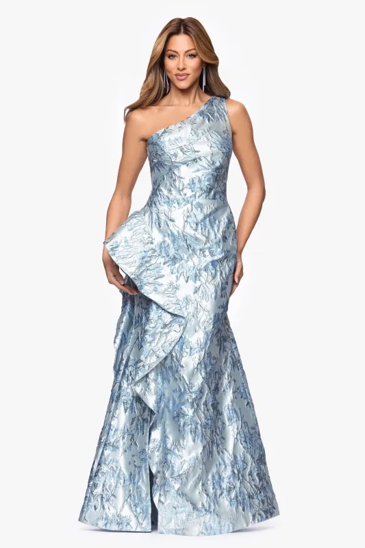 "Ida" Brocade One Shoulder Ruffle Dress made by Xscape