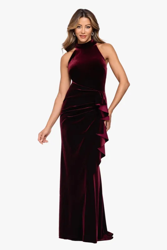 "Shelby" Stretch Velvet Side Ruched Ruffle Dress made by Xscape