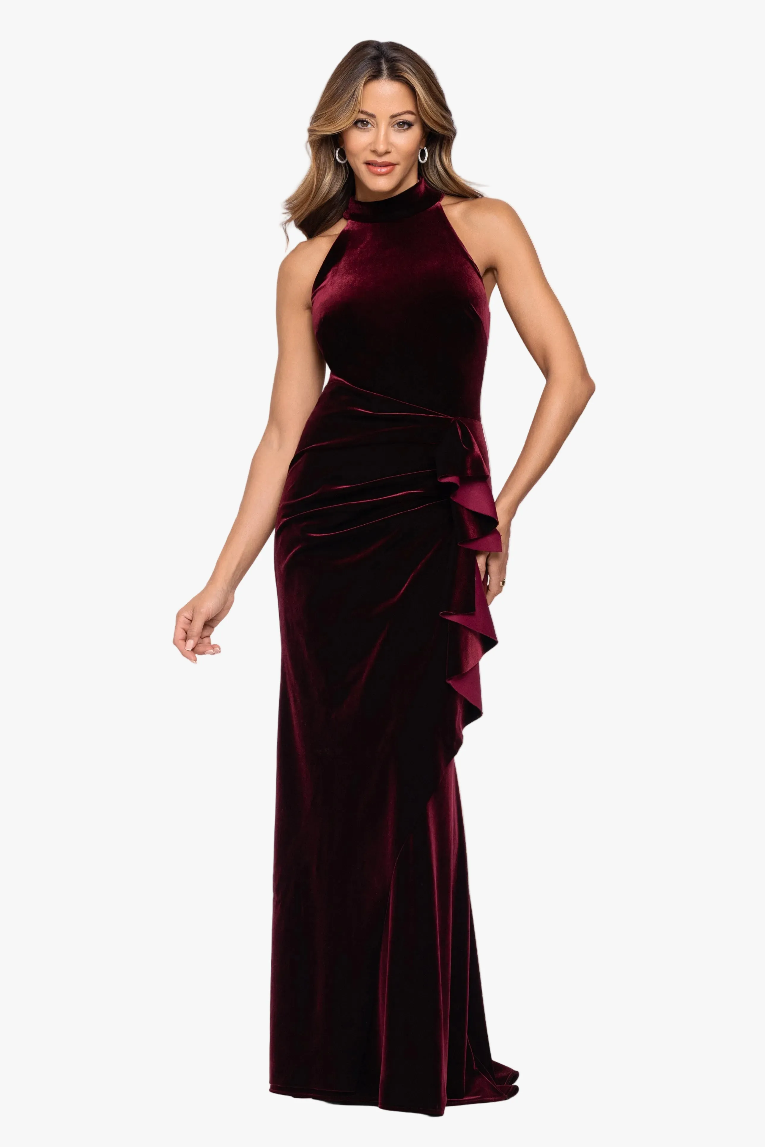 "Shelby" Stretch Velvet Side Ruched Ruffle Dress sold by Xscape