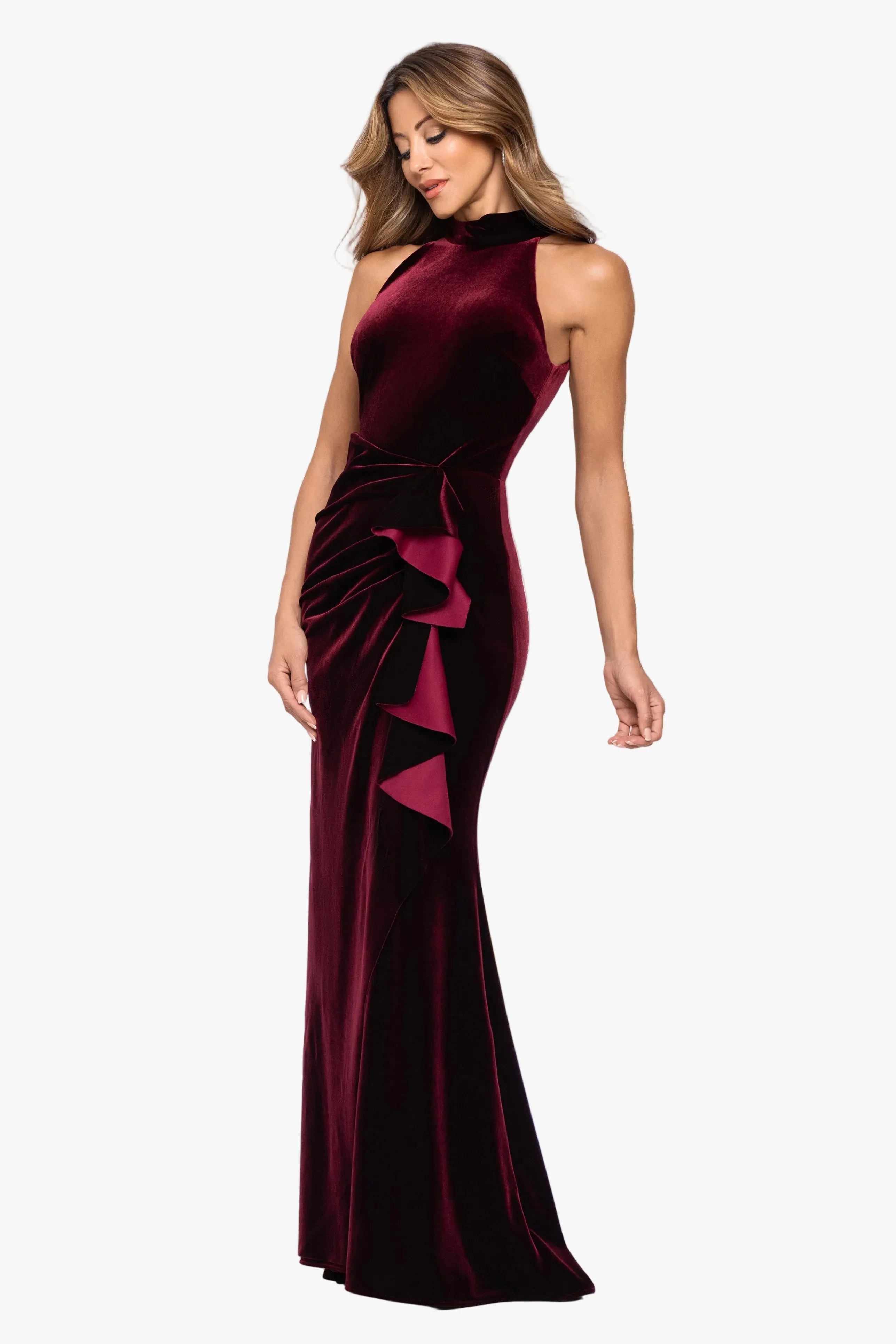 "Shelby" Stretch Velvet Side Ruched Ruffle Dress sold by Xscape product image thumbnail 4