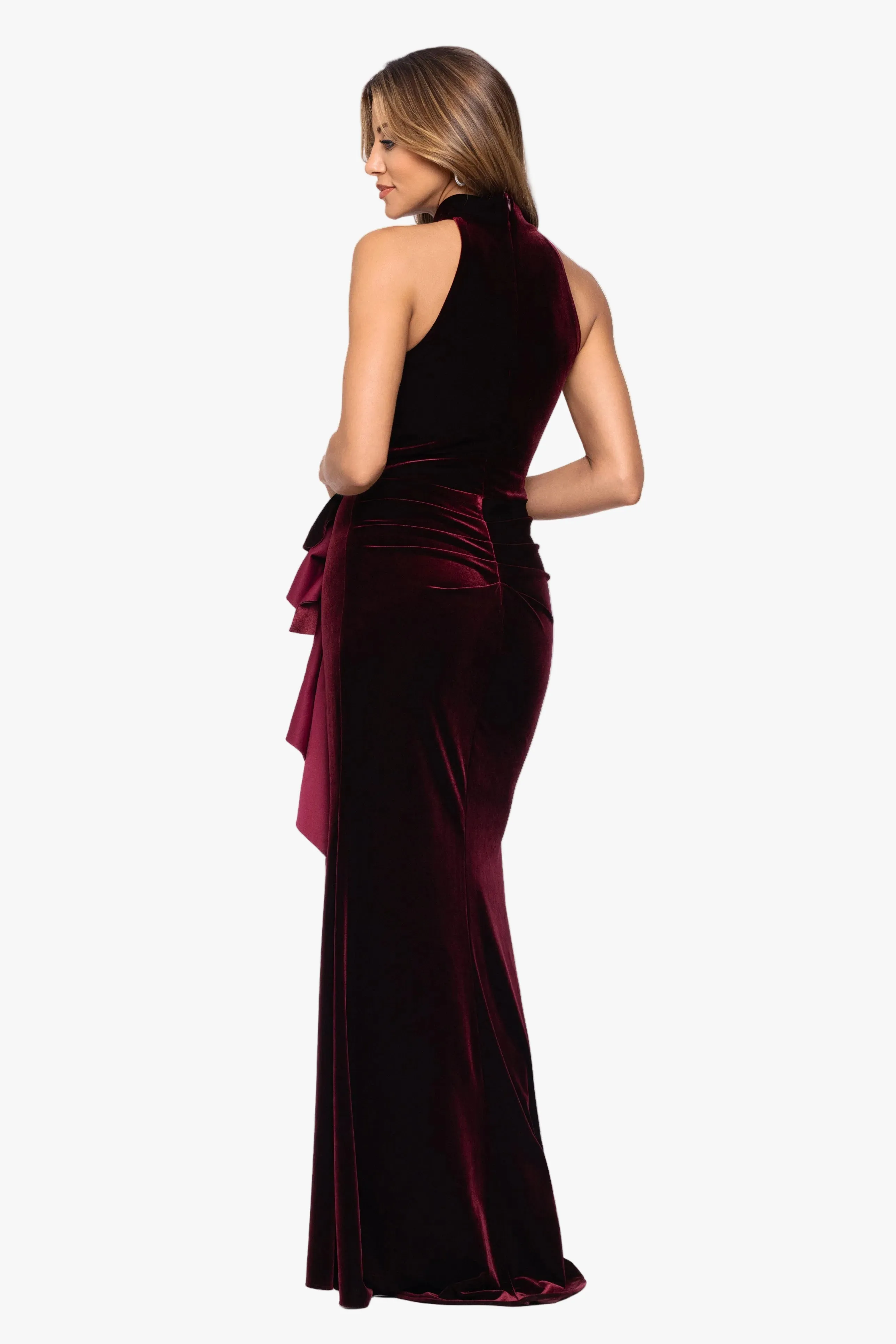 "Shelby" Stretch Velvet Side Ruched Ruffle Dress sold by Xscape product image thumbnail 3