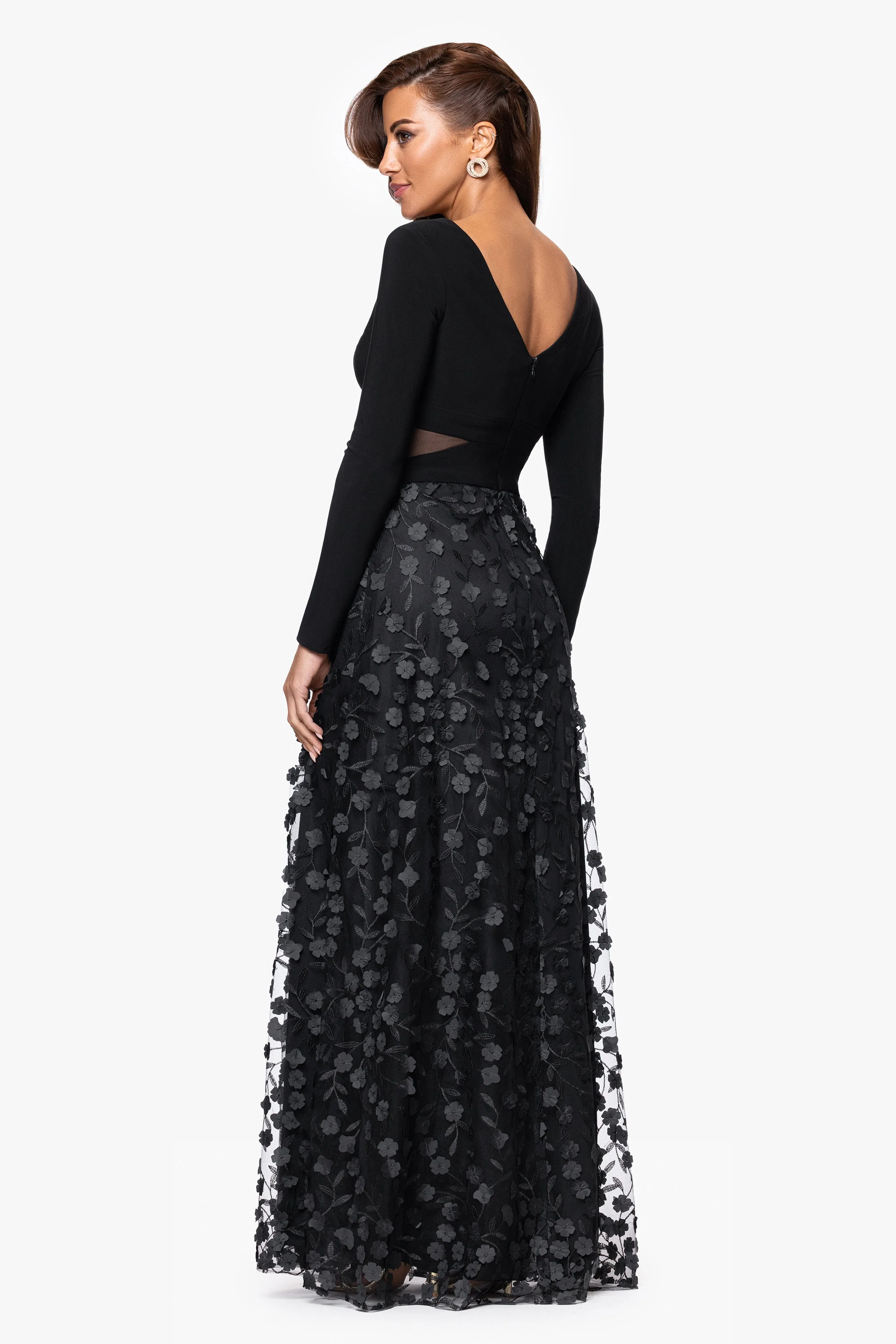 "Aurora" V-Neck Long Sleeve Raised Flower Slit Dress sold by Xscape product image thumbnail 3