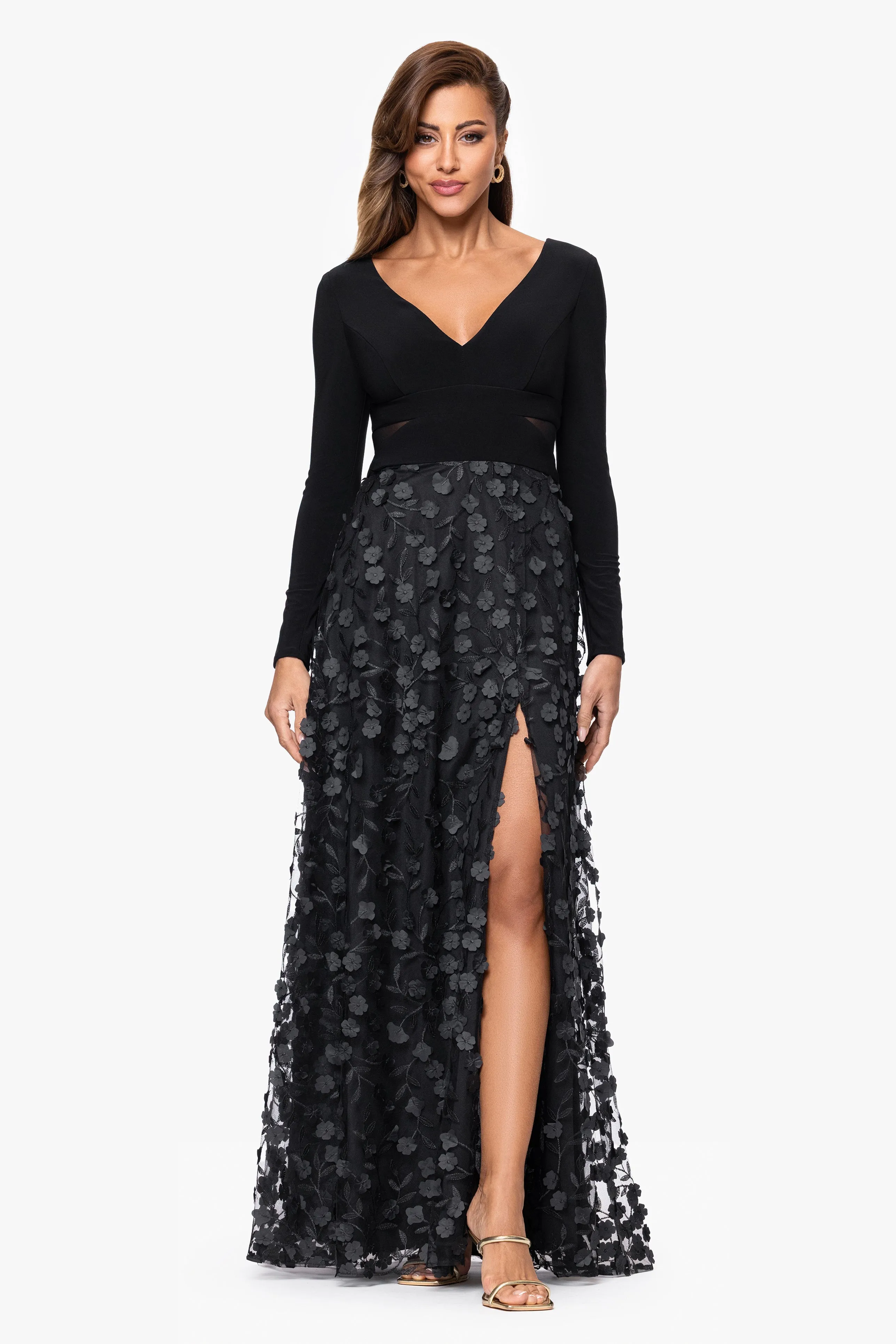 "Aurora" V-Neck Long Sleeve Raised Flower Slit Dress sold by Xscape
