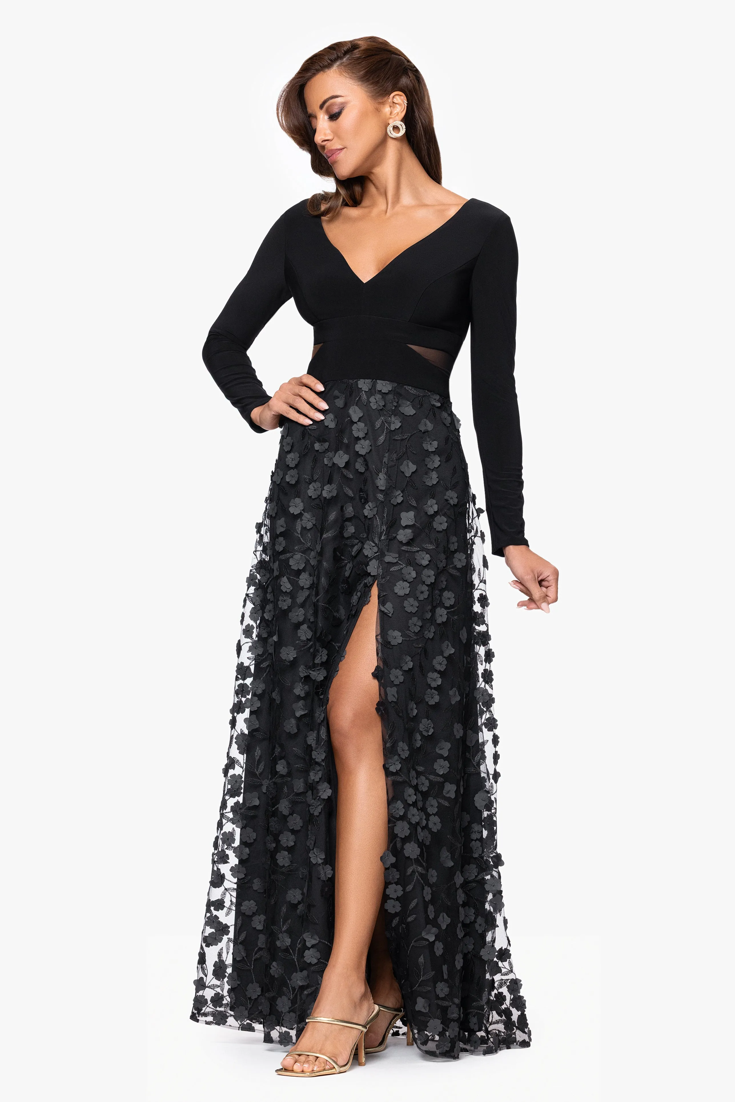 "Aurora" V-Neck Long Sleeve Raised Flower Slit Dress sold by Xscape product image thumbnail 4