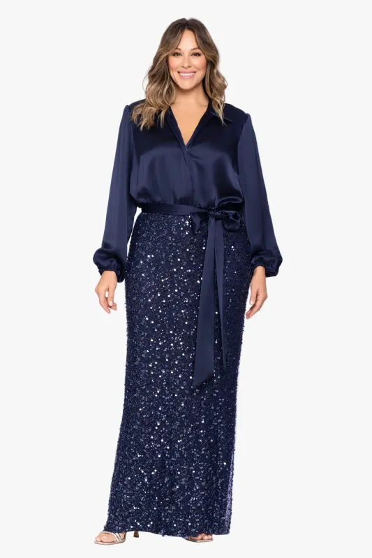 Plus "Cara" Satin & Sequin Combo Long Sleeve Dress made by Xscape