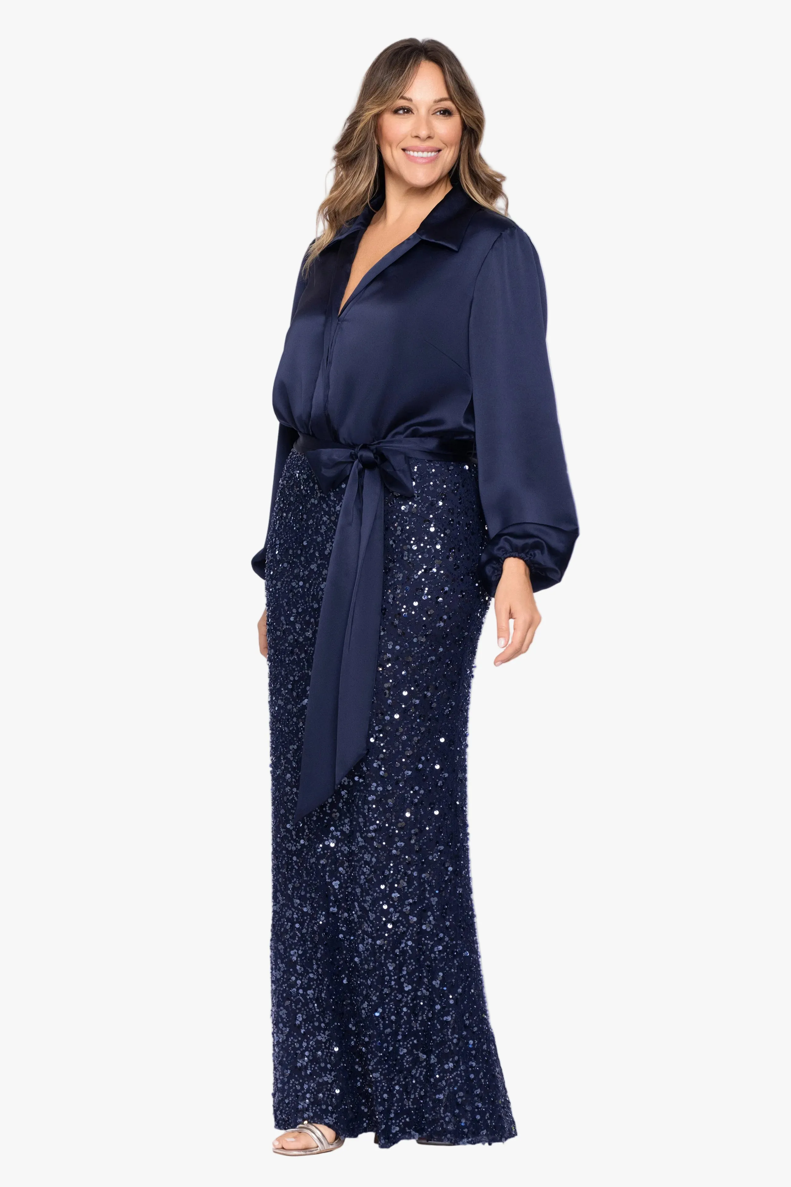 Plus "Cara" Satin & Sequin Combo Long Sleeve Dress sold by Xscape product image thumbnail 4