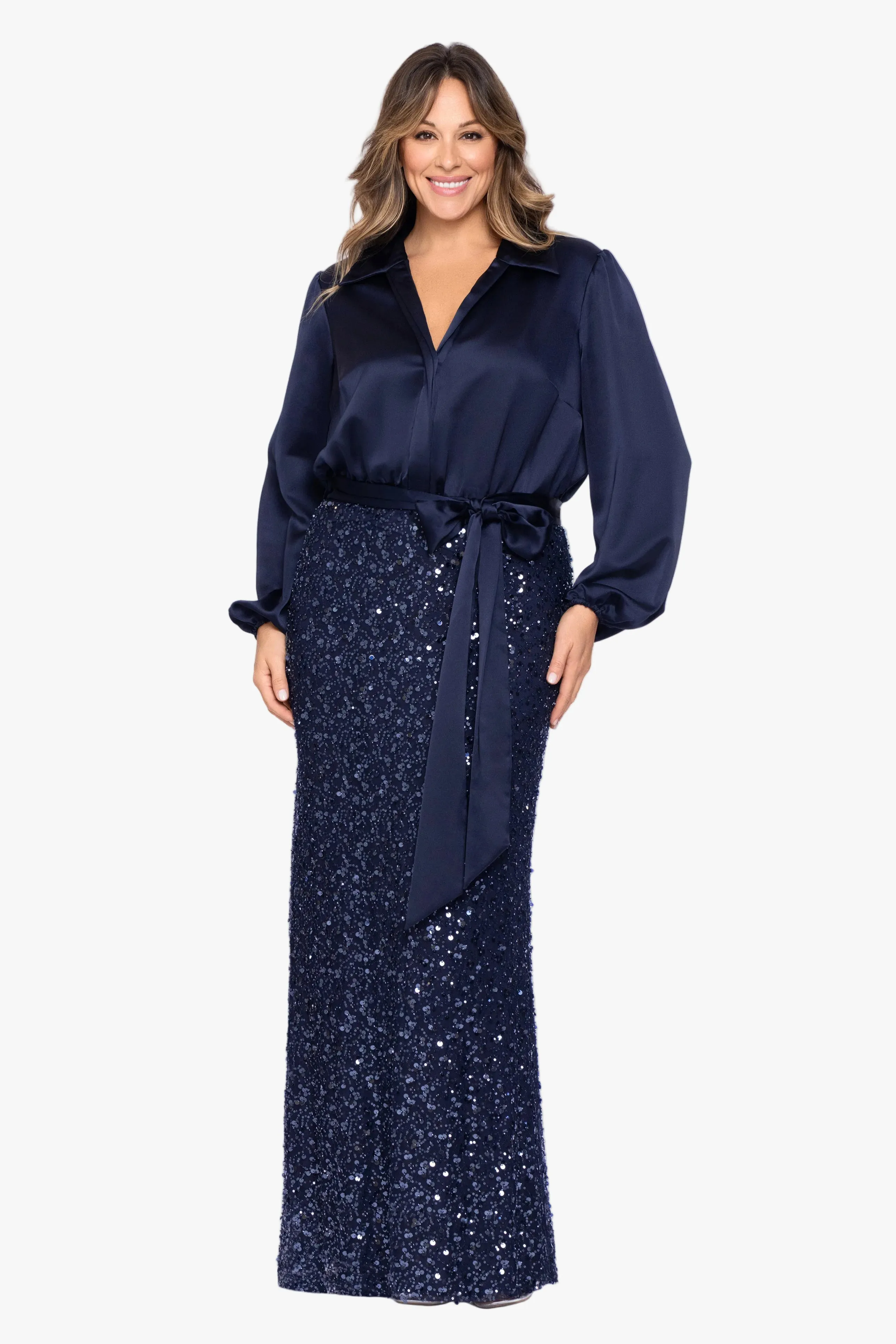 Plus "Cara" Satin & Sequin Combo Long Sleeve Dress sold by Xscape product image thumbnail 5