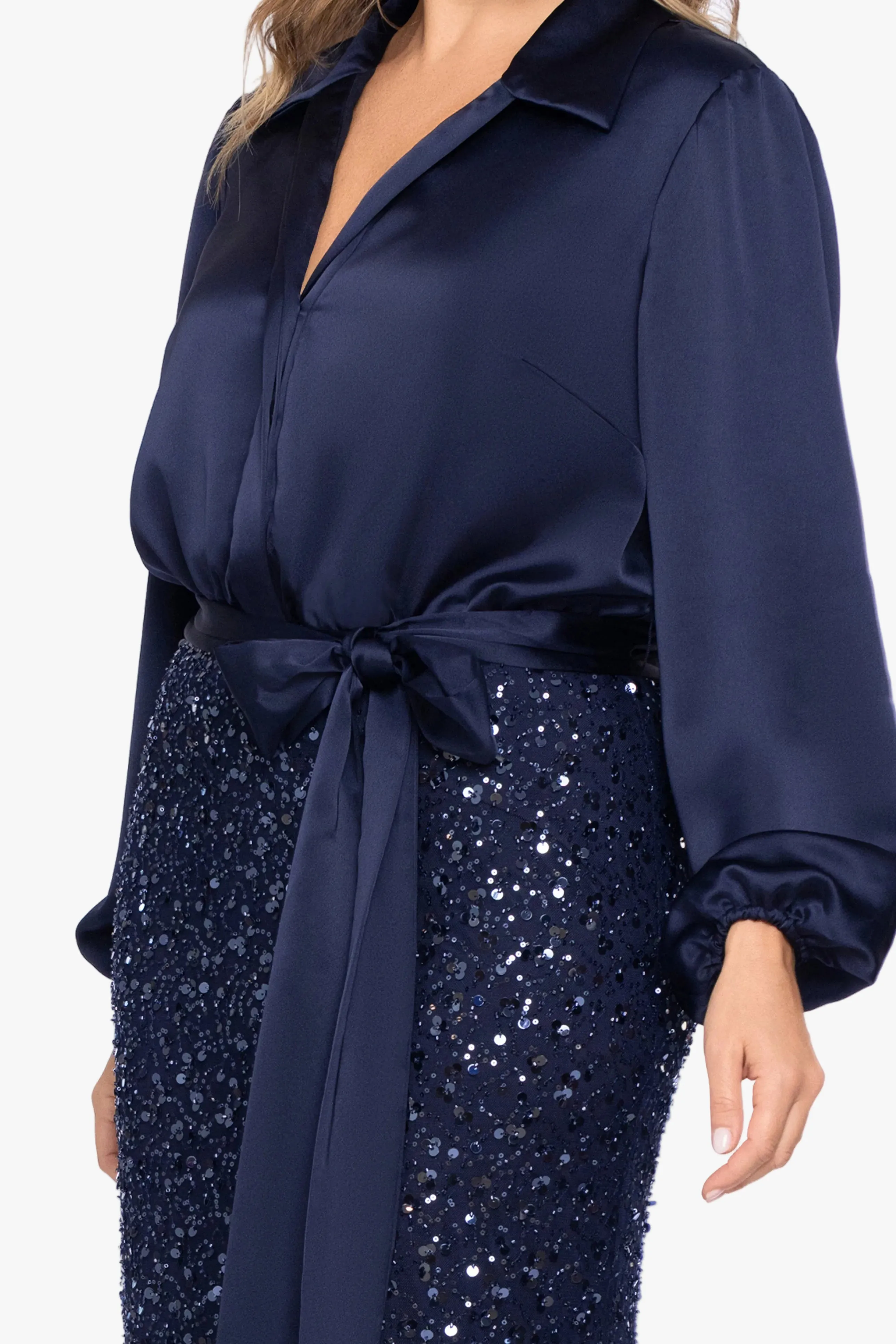 Plus "Cara" Satin & Sequin Combo Long Sleeve Dress sold by Xscape product image thumbnail 2