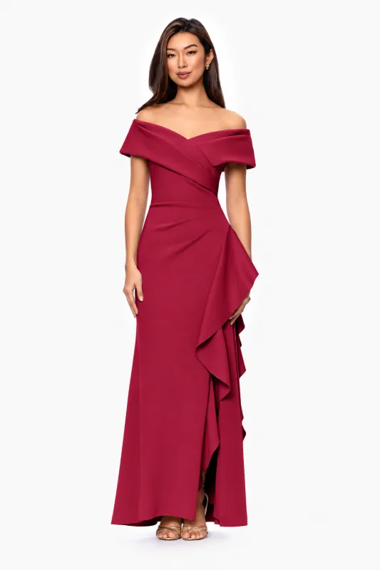 Petite "Pearl" Techno Scuba Off the Shoulder Ruffle Dress made by Xscape