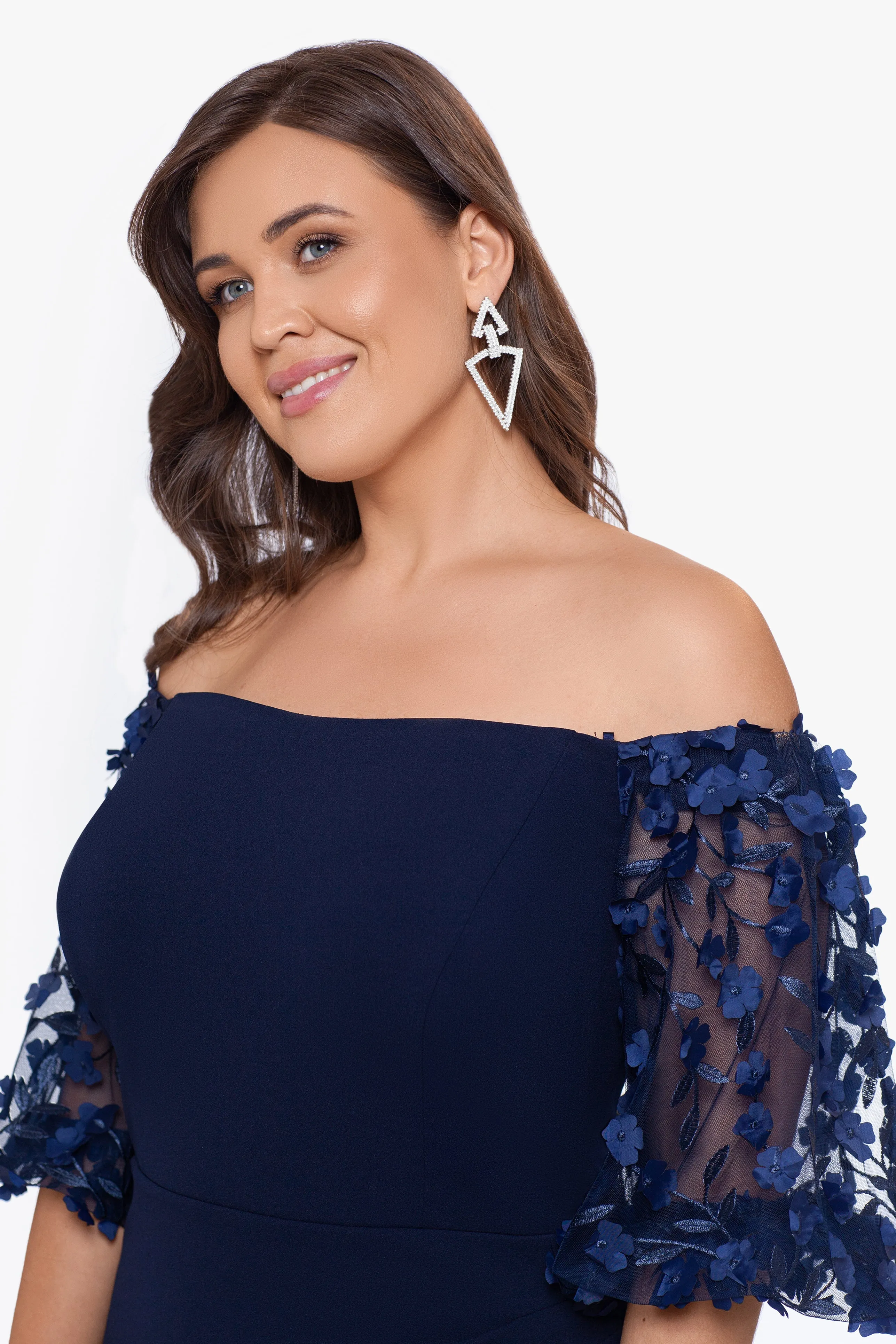 Plus "Melanie" 3D Floral Sleeve Scuba Crepe Gown sold by Xscape product image thumbnail 3