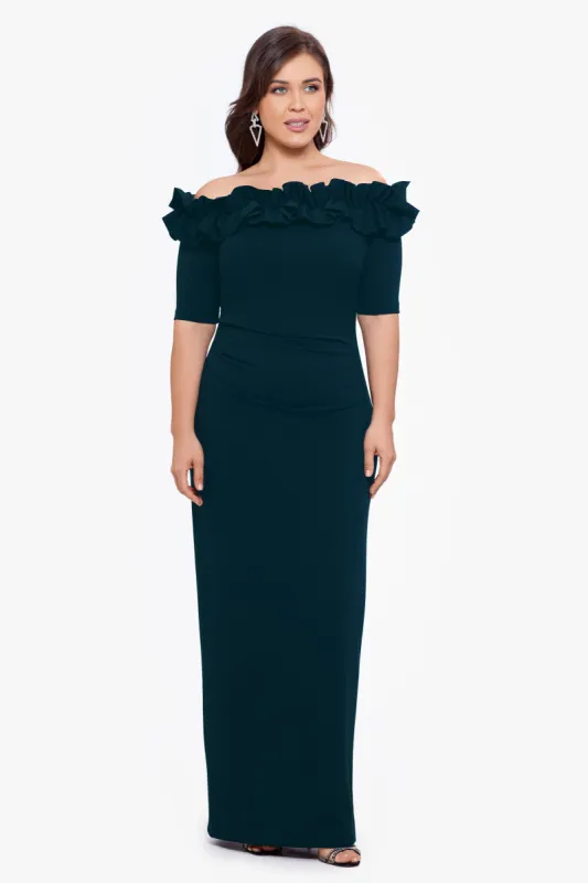 Plus "Isla" Long Crepe Off the Shoulder Ruffle Dress made by Xscape