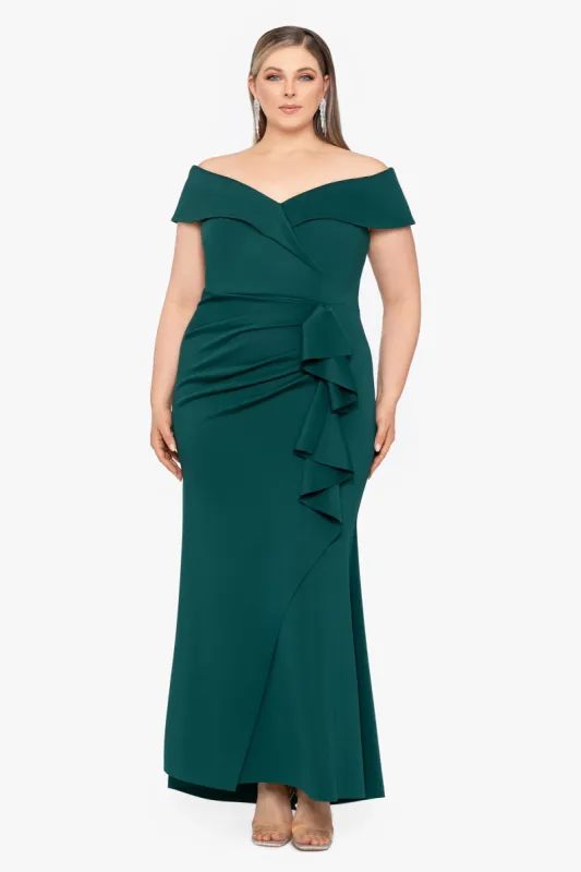 Plus "Patti" Long Off the Shoulder Scuba Crepe Dress sold by Xscape
