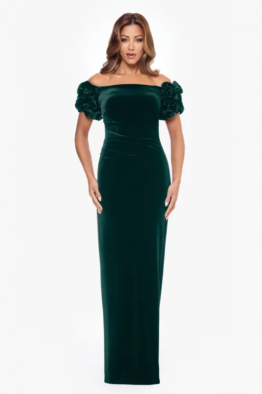 "Rosie" Long Velvet Off the Shoulder Ruffle Sleeve Dress sold by Xscape