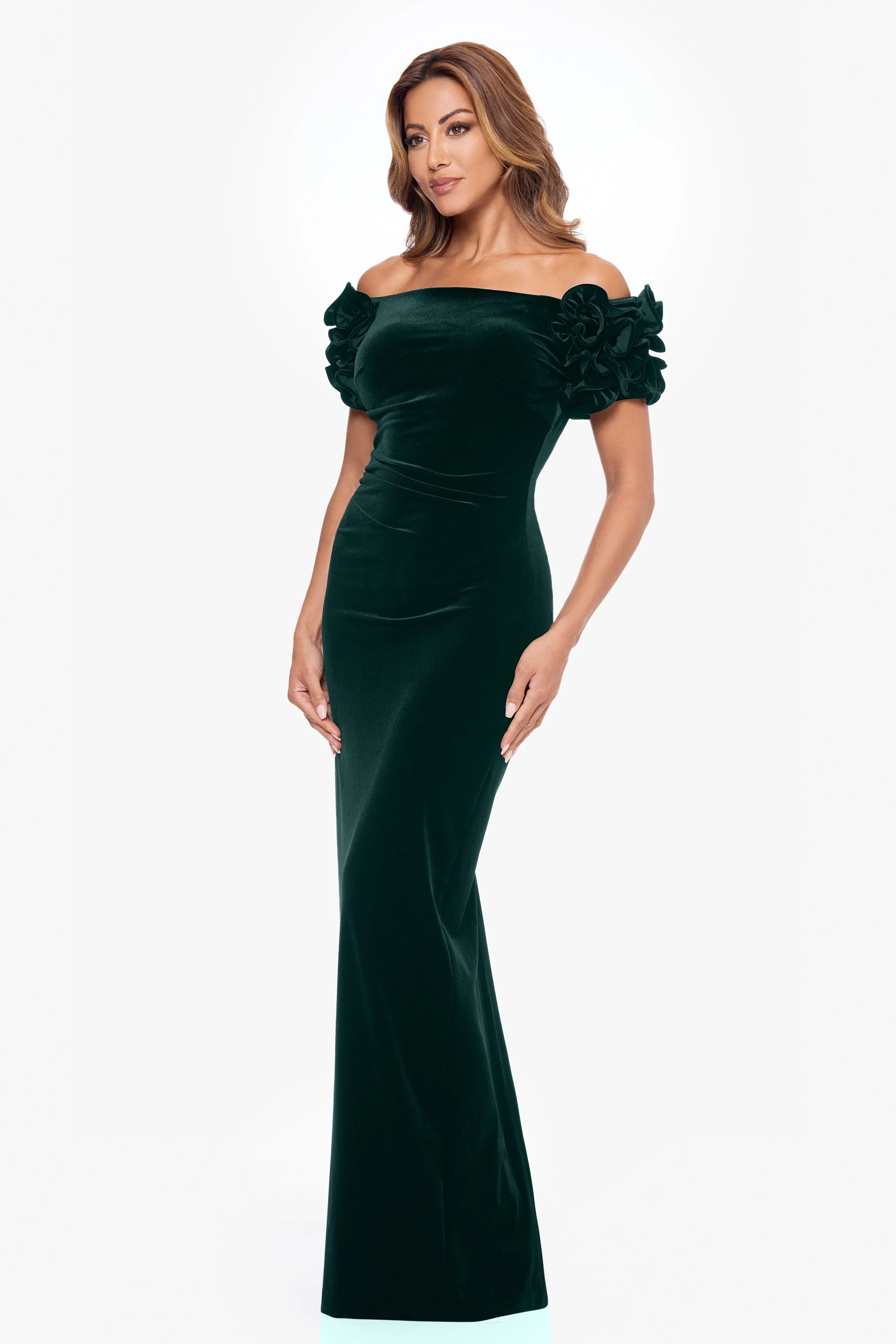 "Rosie" Long Velvet Off the Shoulder Ruffle Sleeve Dress sold by Xscape product image thumbnail 3
