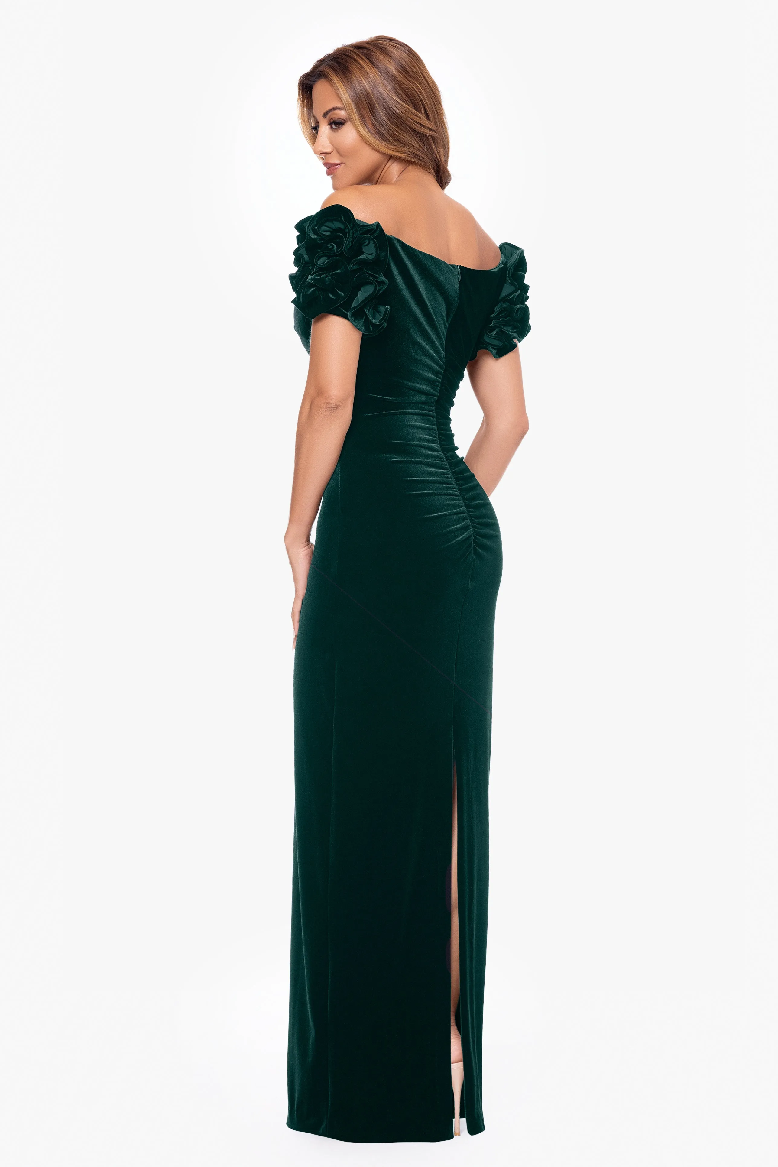 "Rosie" Long Velvet Off the Shoulder Ruffle Sleeve Dress sold by Xscape product image thumbnail 2