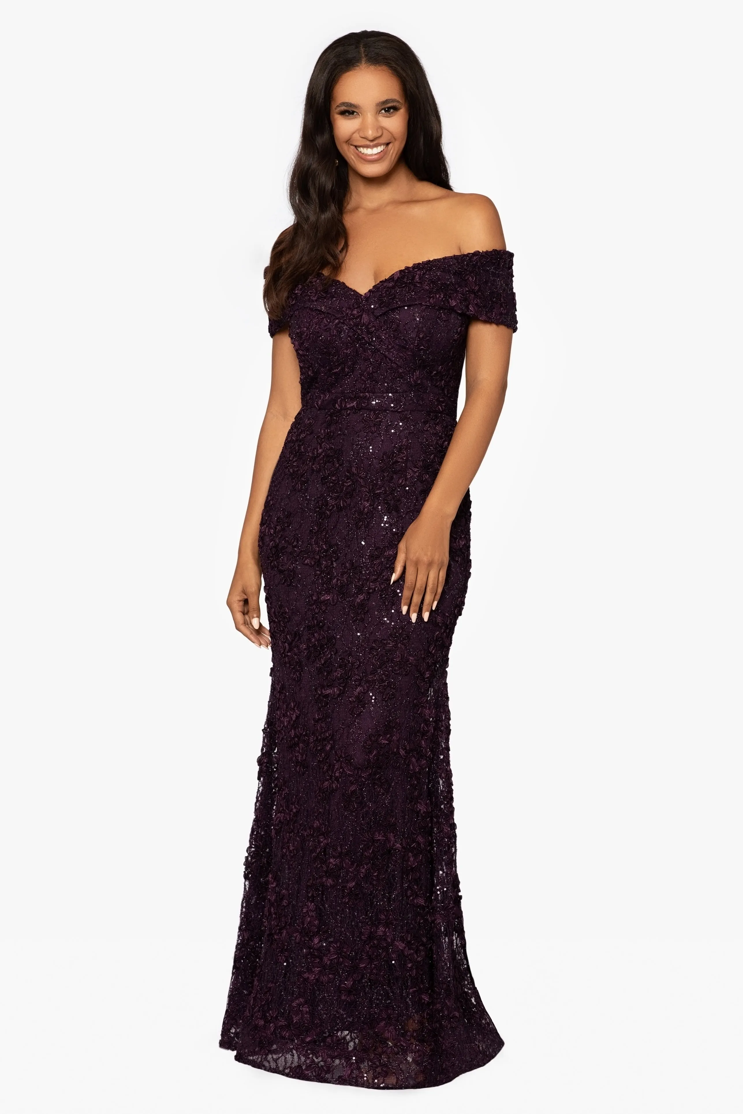 "Jill" Off The Shoulder Long Lace Dress sold by Xscape