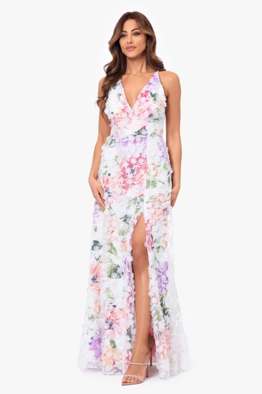 "Jenna" Long 3D Embellished Floral V-Neck Gown made by Xscape