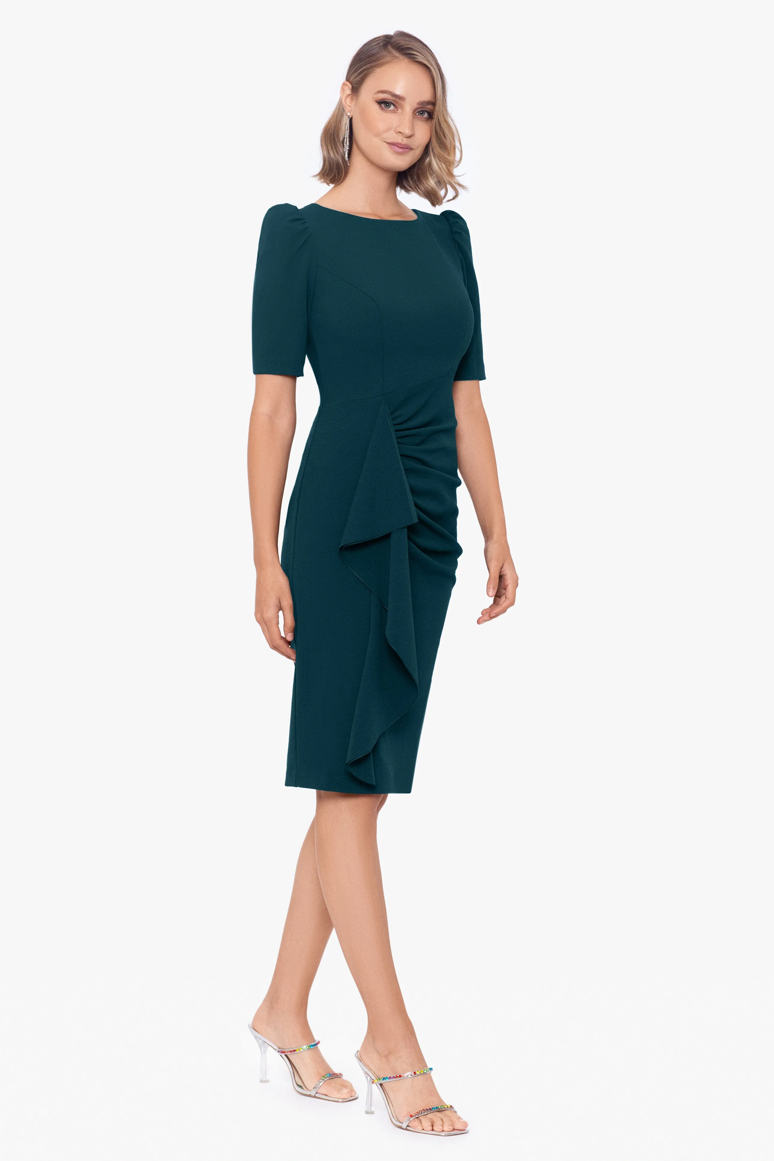 "Sloane" Short Scuba Crepe Side Ruffle Dress sold by Xscape product image thumbnail 3