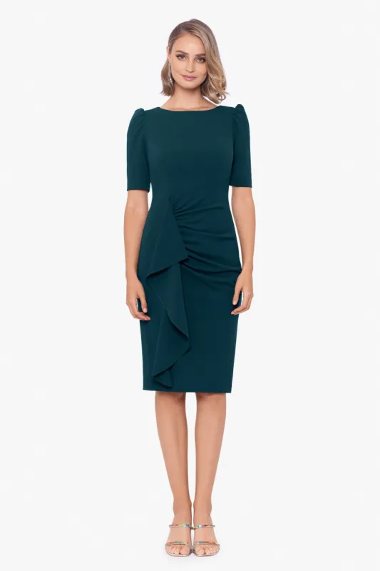"Sloane" Short Scuba Crepe Side Ruffle Dress sold by Xscape