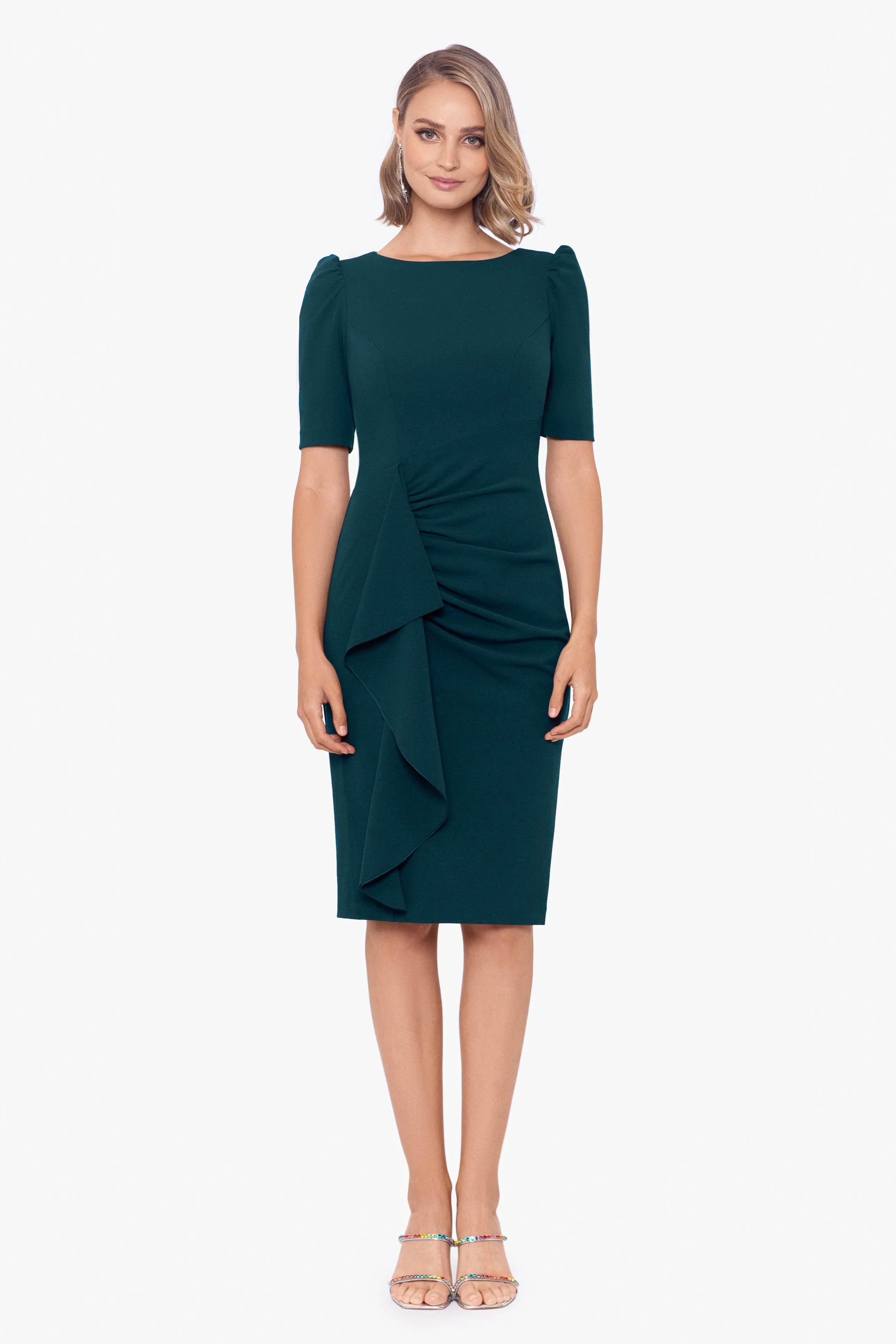 "Sloane" Short Scuba Crepe Side Ruffle Dress sold by Xscape