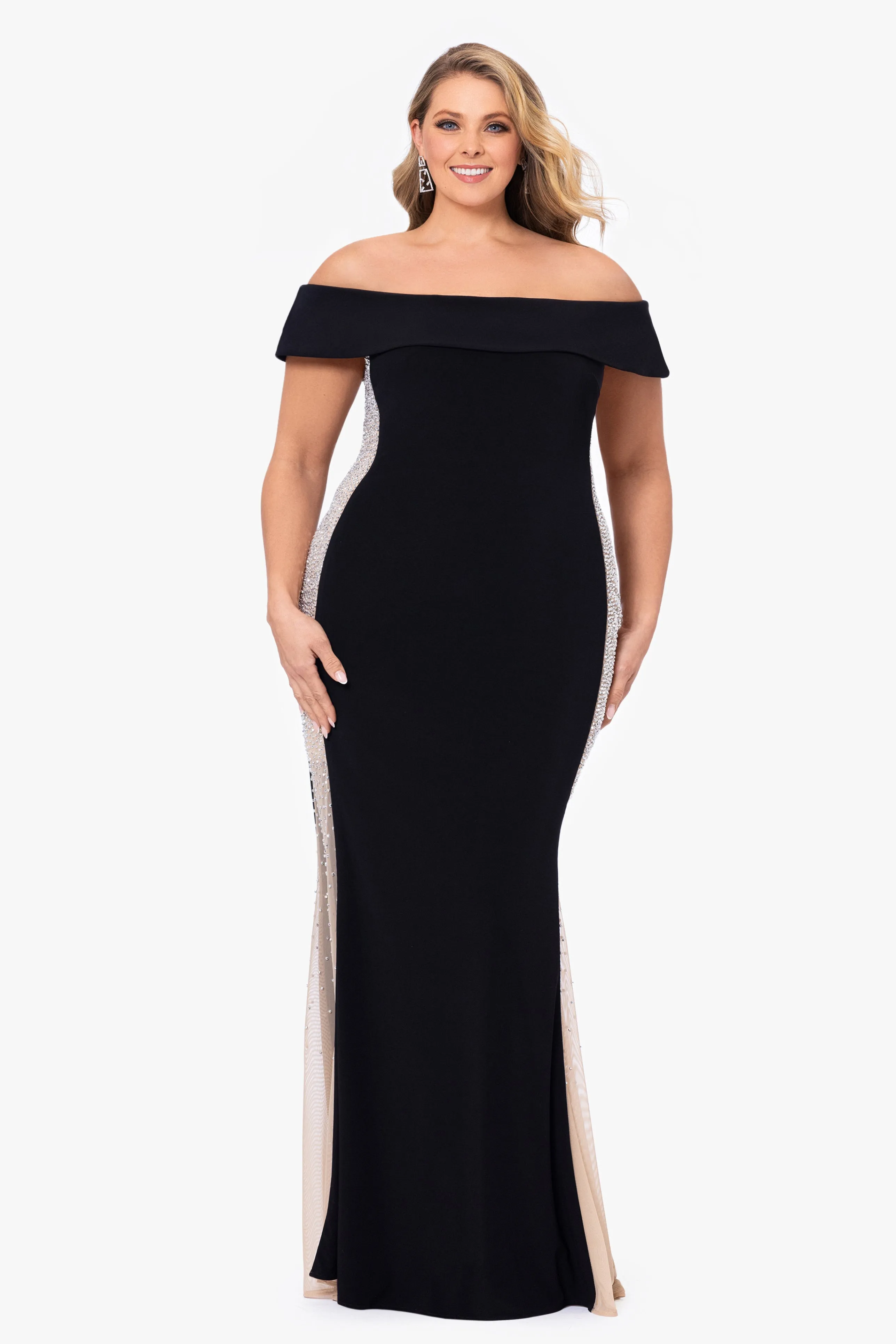 Plus "Brianna" Off the Shoulder Jersey Knit Caviar Beaded Gown sold by Xscape