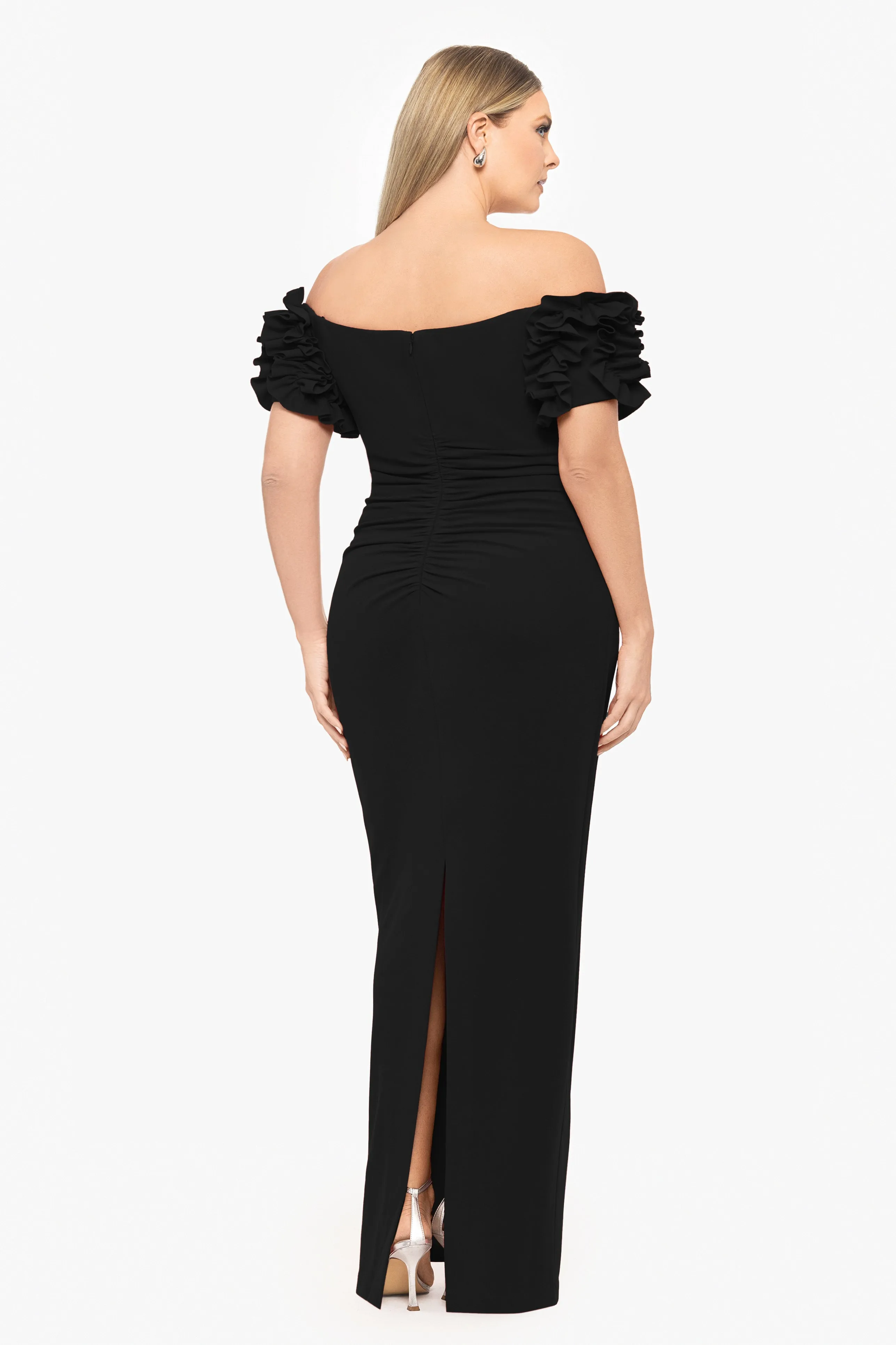 Plus "Karla" Long Off the Shoulder Scuba Crepe Ruffle Sleeve Dress sold by Xscape product image thumbnail 2