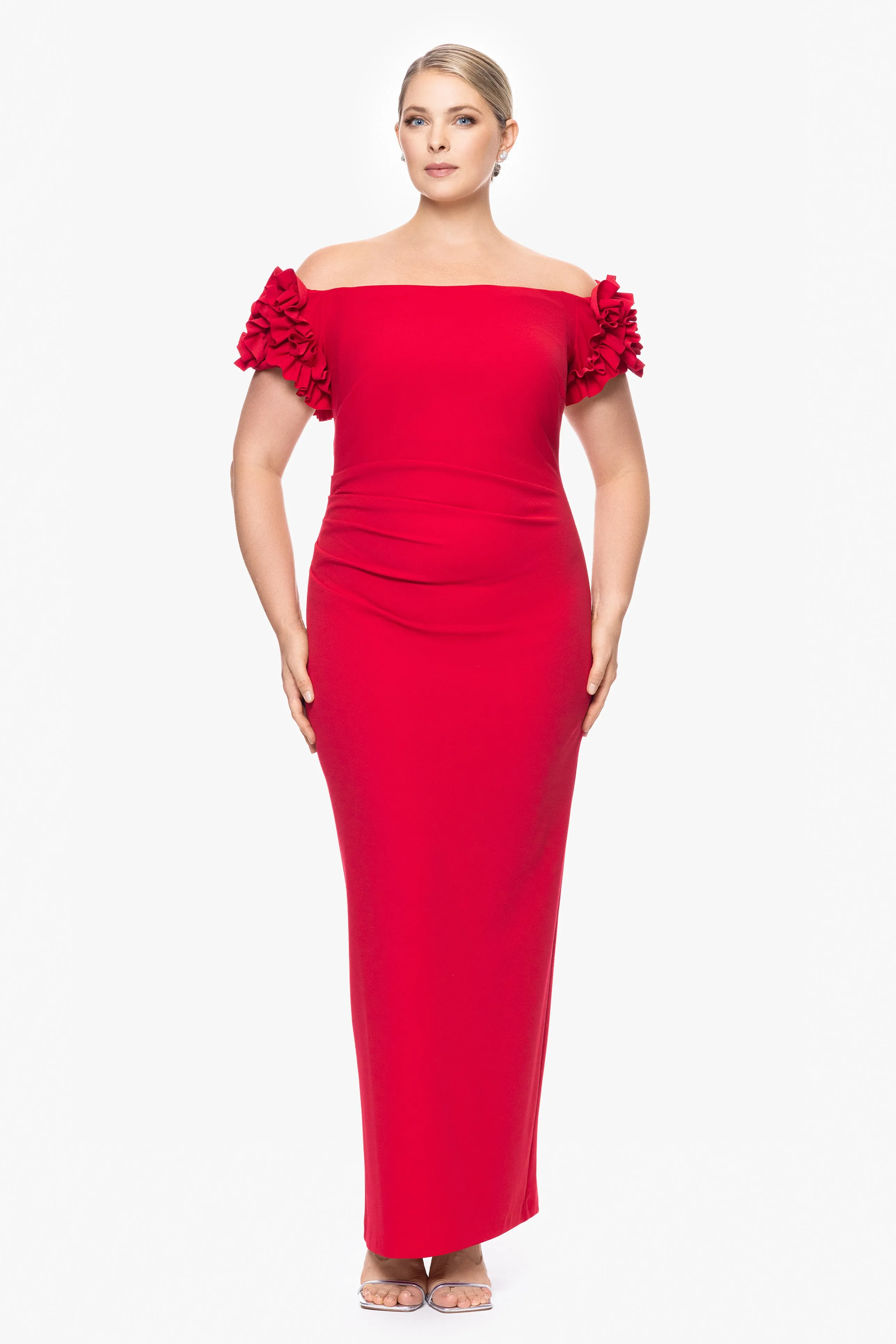 Plus "Karla" Long Off the Shoulder Scuba Crepe Ruffle Sleeve Dress sold by Xscape product image thumbnail 3