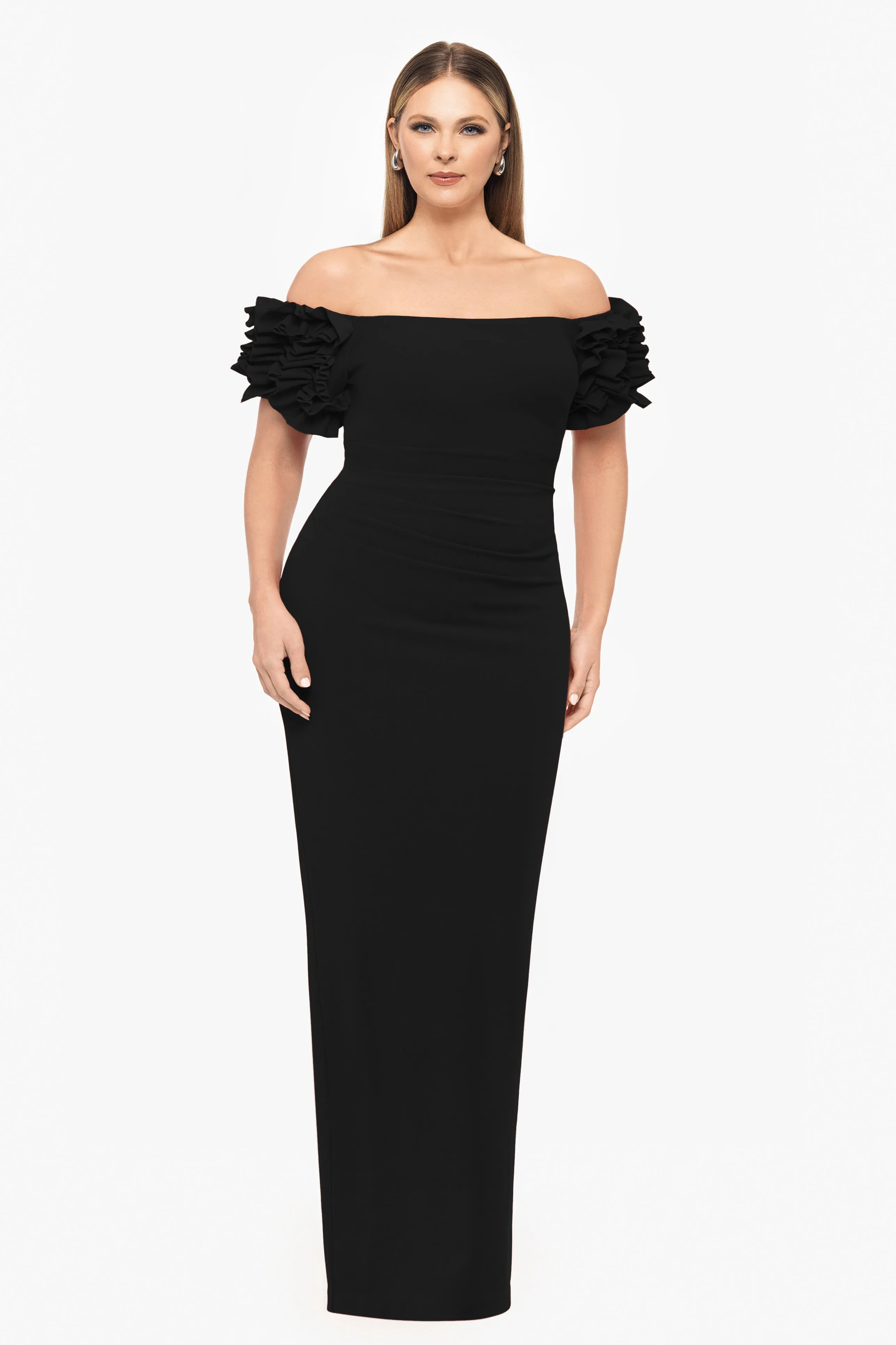 Plus "Karla" Long Off the Shoulder Scuba Crepe Ruffle Sleeve Dress sold by Xscape