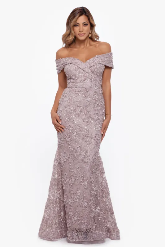 Petite "Jill" Off The Shoulder Long Lace Dress sold by Xscape