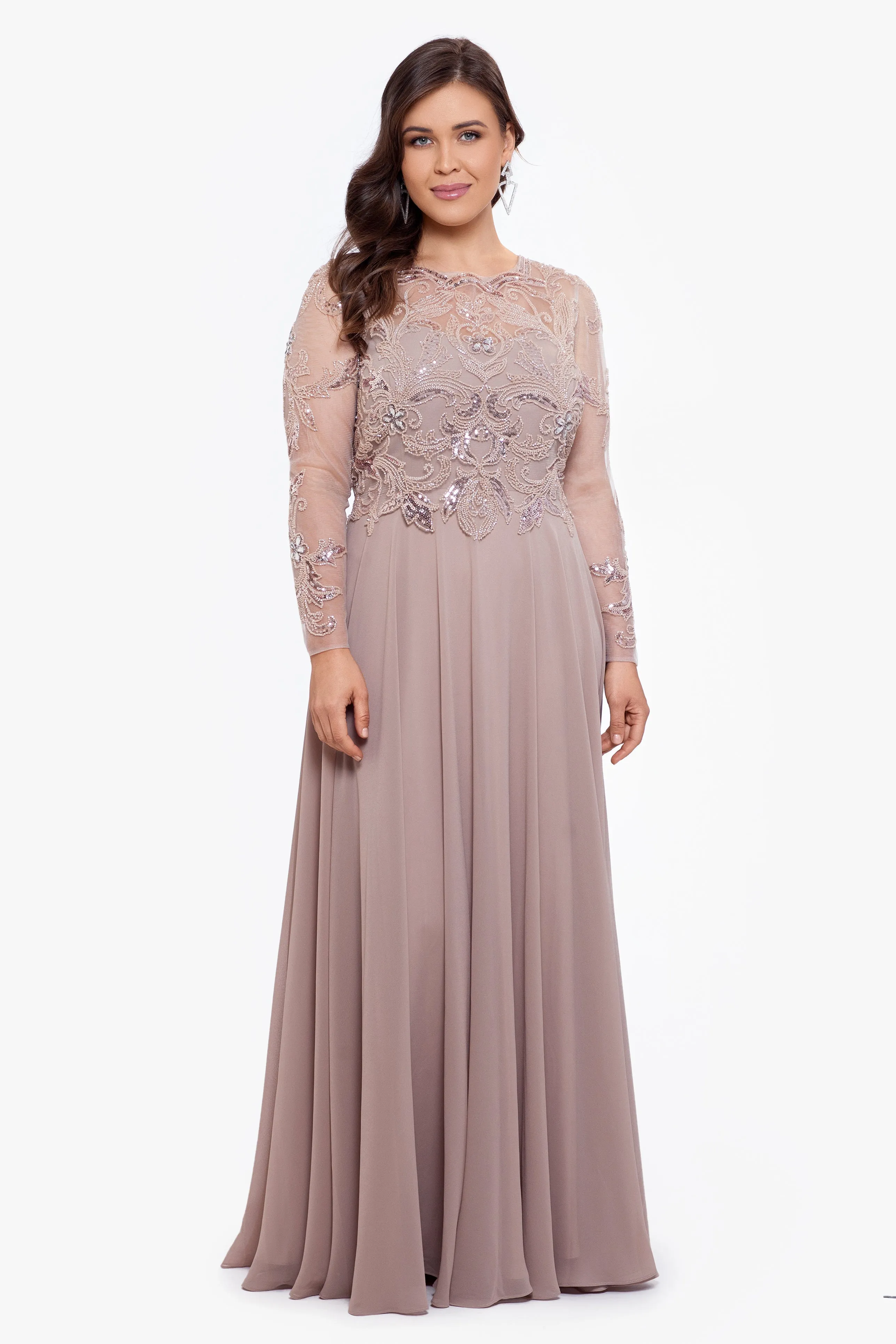 Plus "Mason" Long Sleeve Beaded Chiffon Gown sold by Xscape