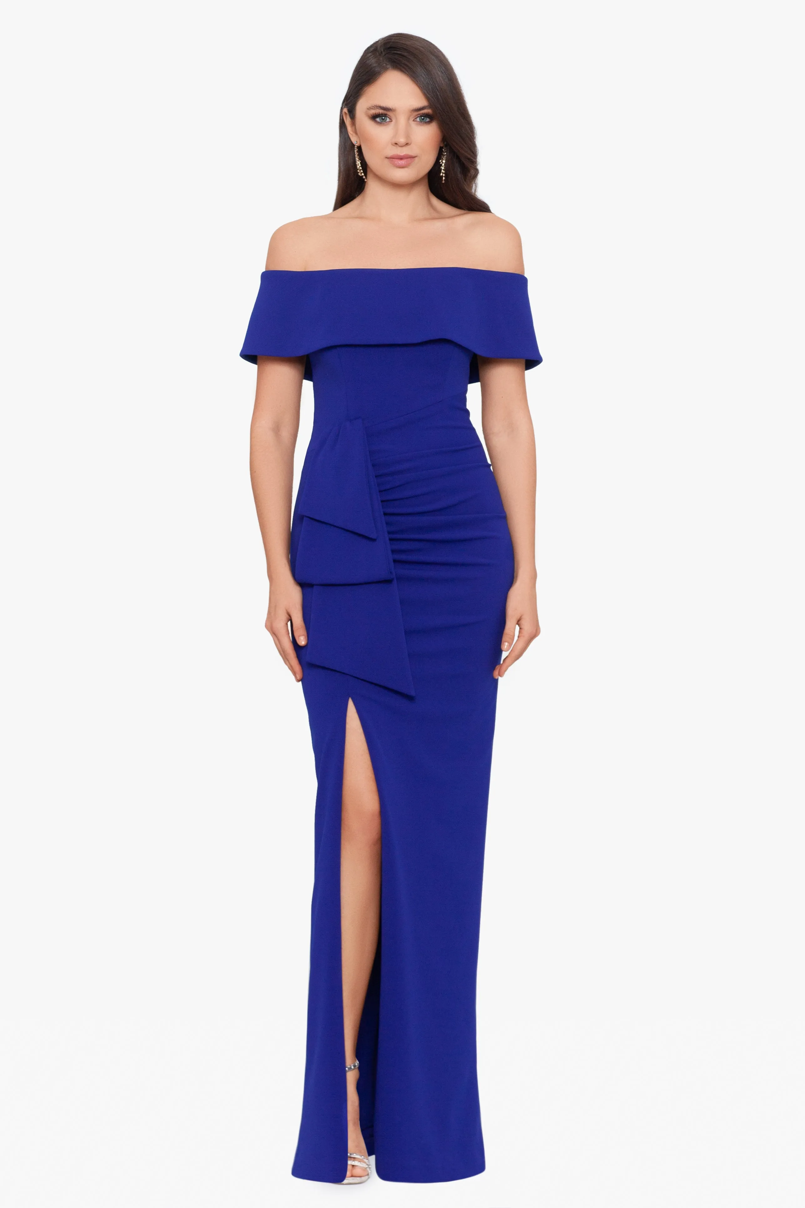 "Camila" Long Off the Shoulder Scuba Crepe Dress sold by Xscape