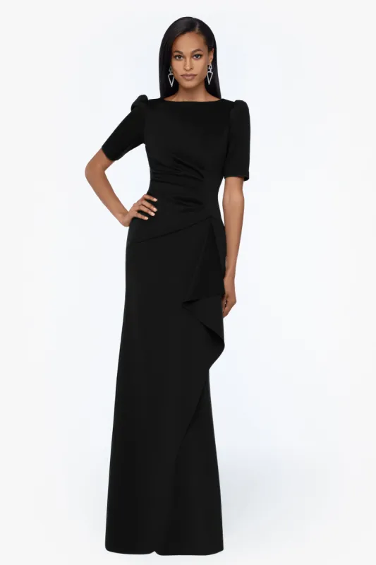 "Demi" 3/4 Sleeve Side Ruched Floor Length Gown sold by Xscape