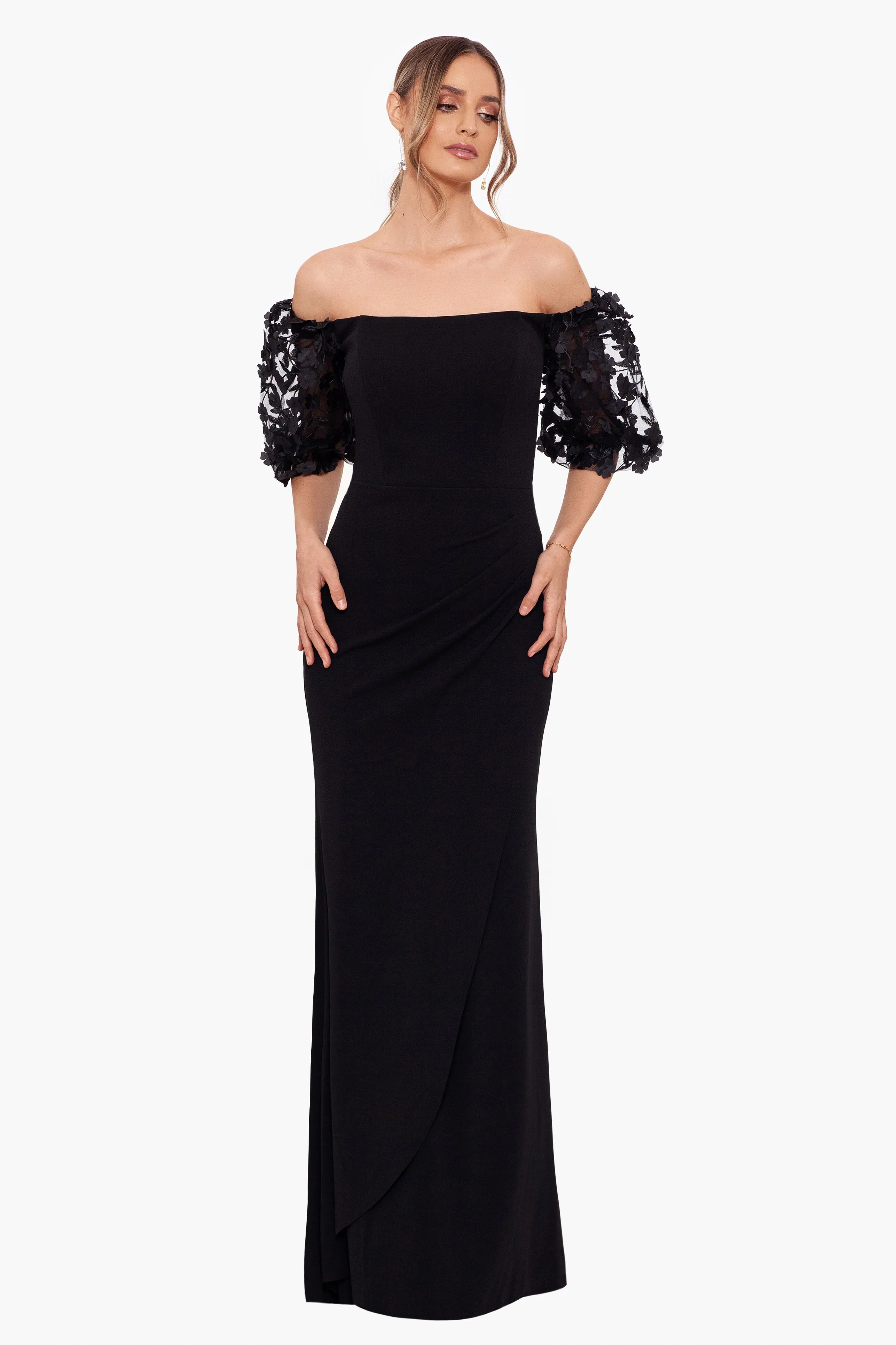 "Melanie" 3D Floral Sleeve Scuba Crepe Gown sold by Xscape product image thumbnail 3