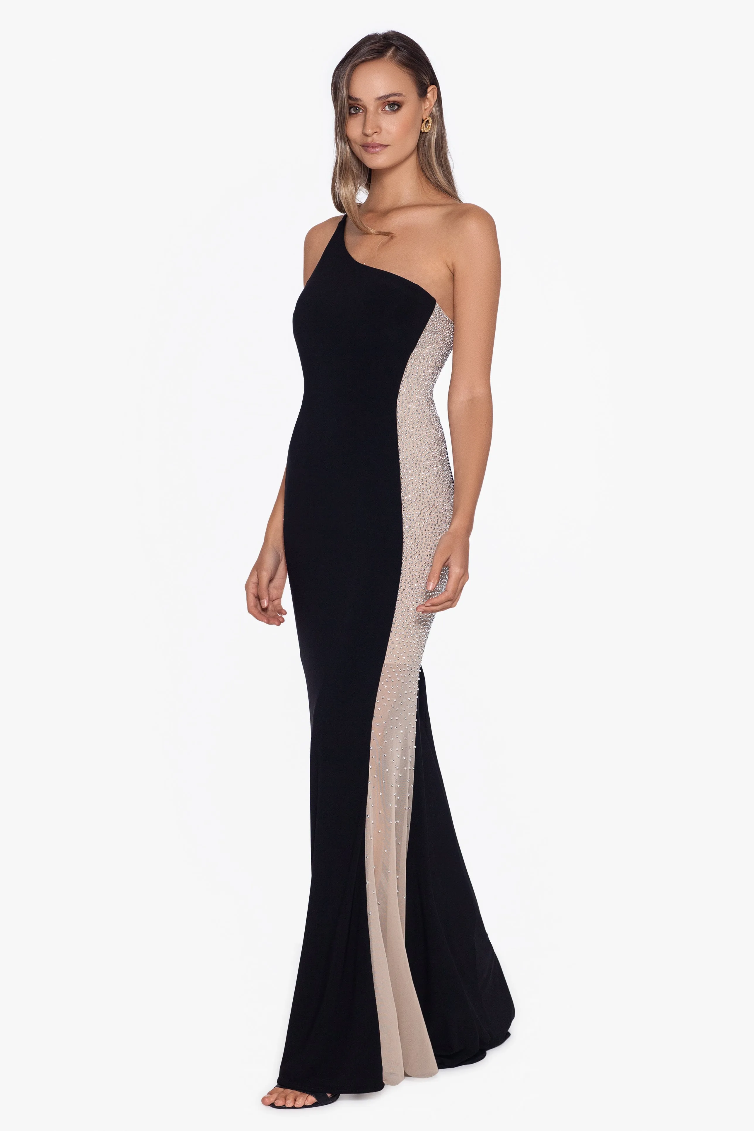 "Kate" Long One Shoulder Side Beaded Dress sold by Xscape product image thumbnail 3