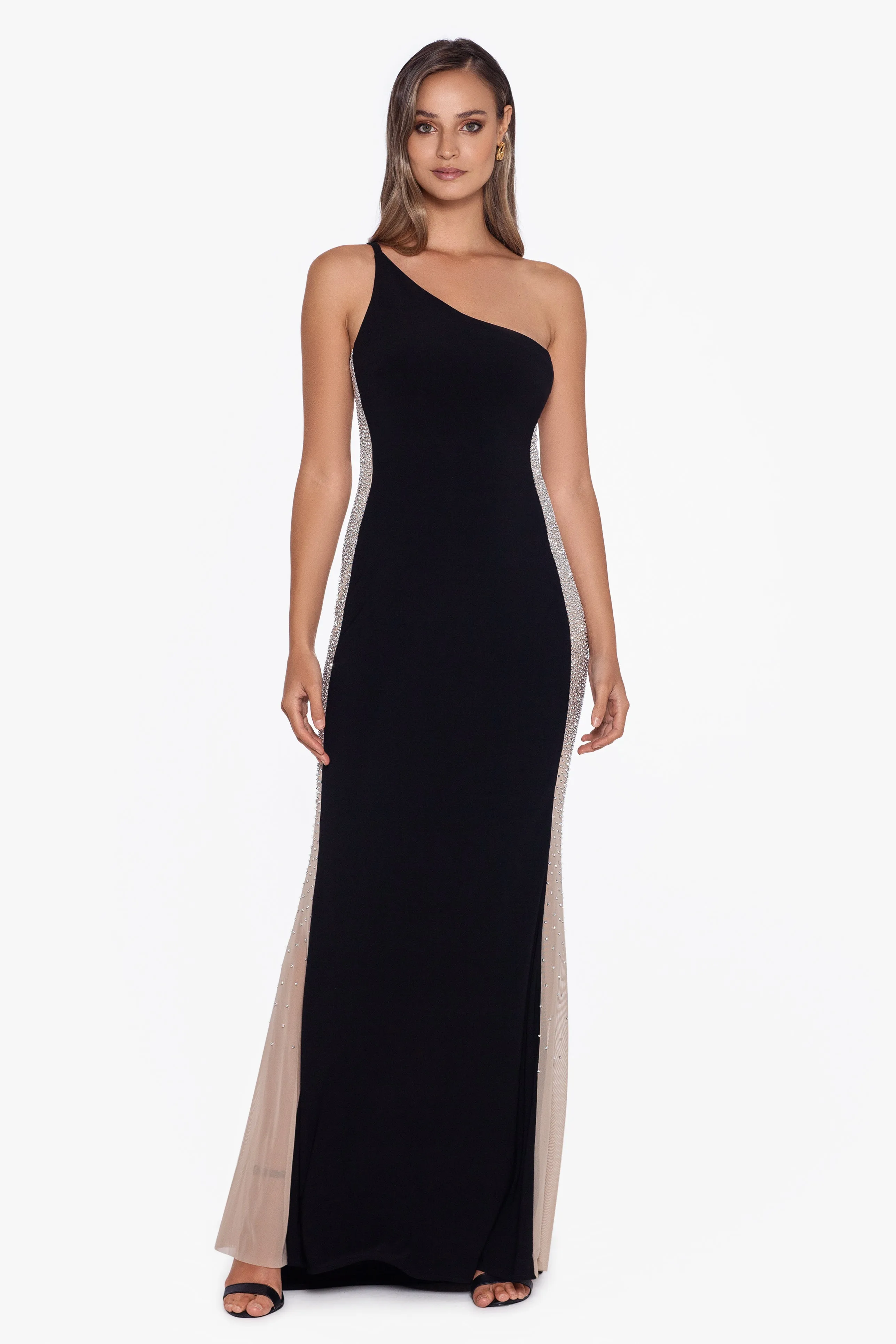 "Kate" Long One Shoulder Side Beaded Dress sold by Xscape