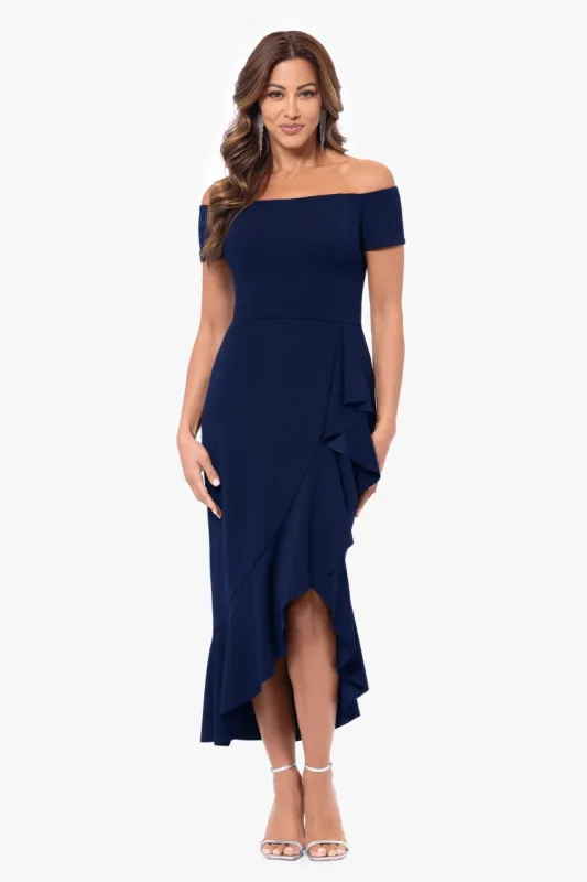 "Demetria" Off the Shoulder Scuba Crepe Midi Ruffle Dress sold by Xscape
