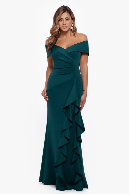 "Ava" Long Scuba Crepe Off The Shoulder Dress sold by Xscape