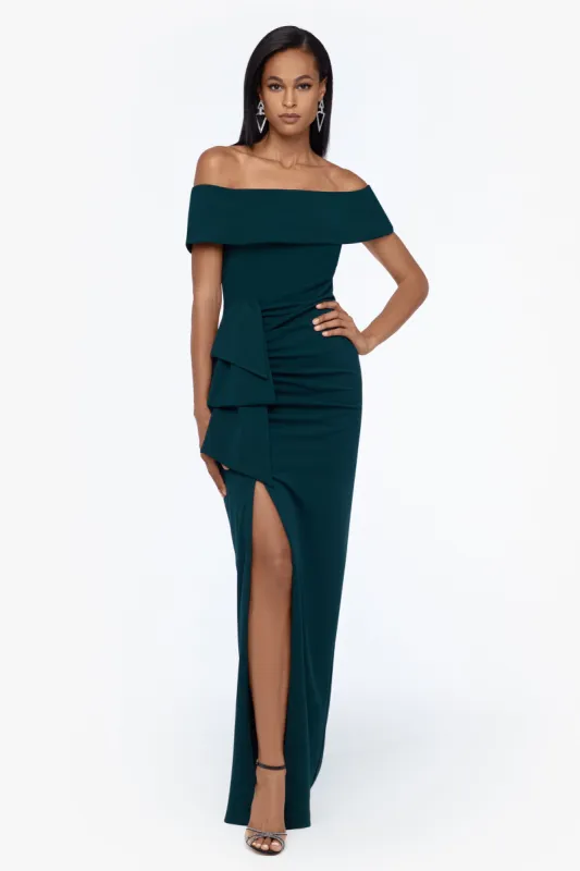 Petite "Camila" Long Off the Shoulder Scuba Crepe Dress sold by Xscape