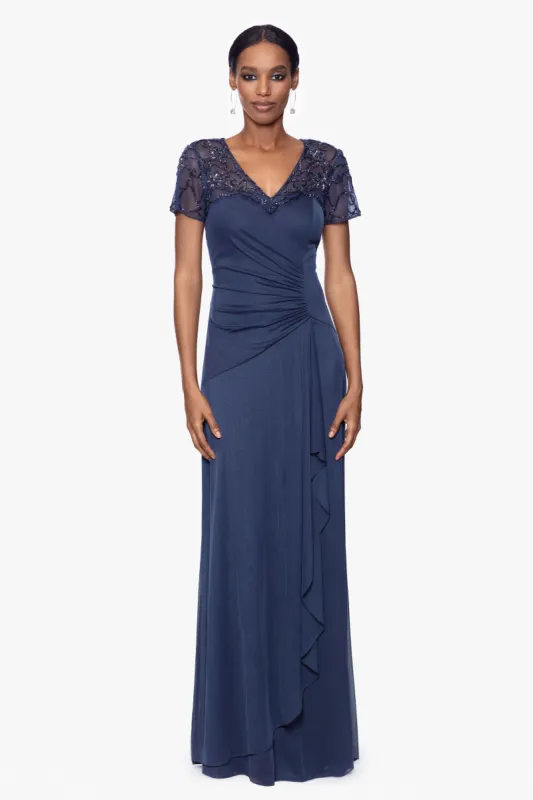 "Carmen" Long Sheer Matte Jersey Beaded Short Sleeve Dress sold by Xscape