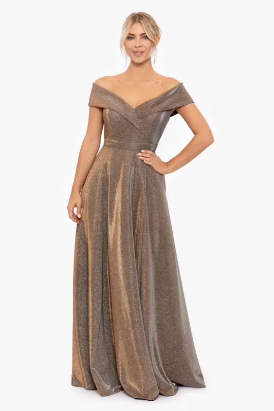 Petite "Estelle" Off The Shoulder Long Glitter Dress sold by Xscape