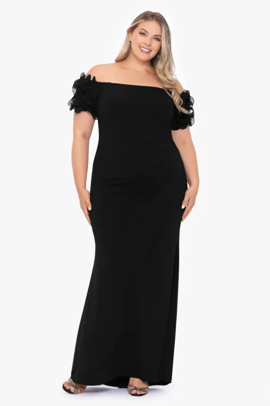 Plus "Ashlyn" Long Off the Shoulder Wire Flower Gown sold by Xscape