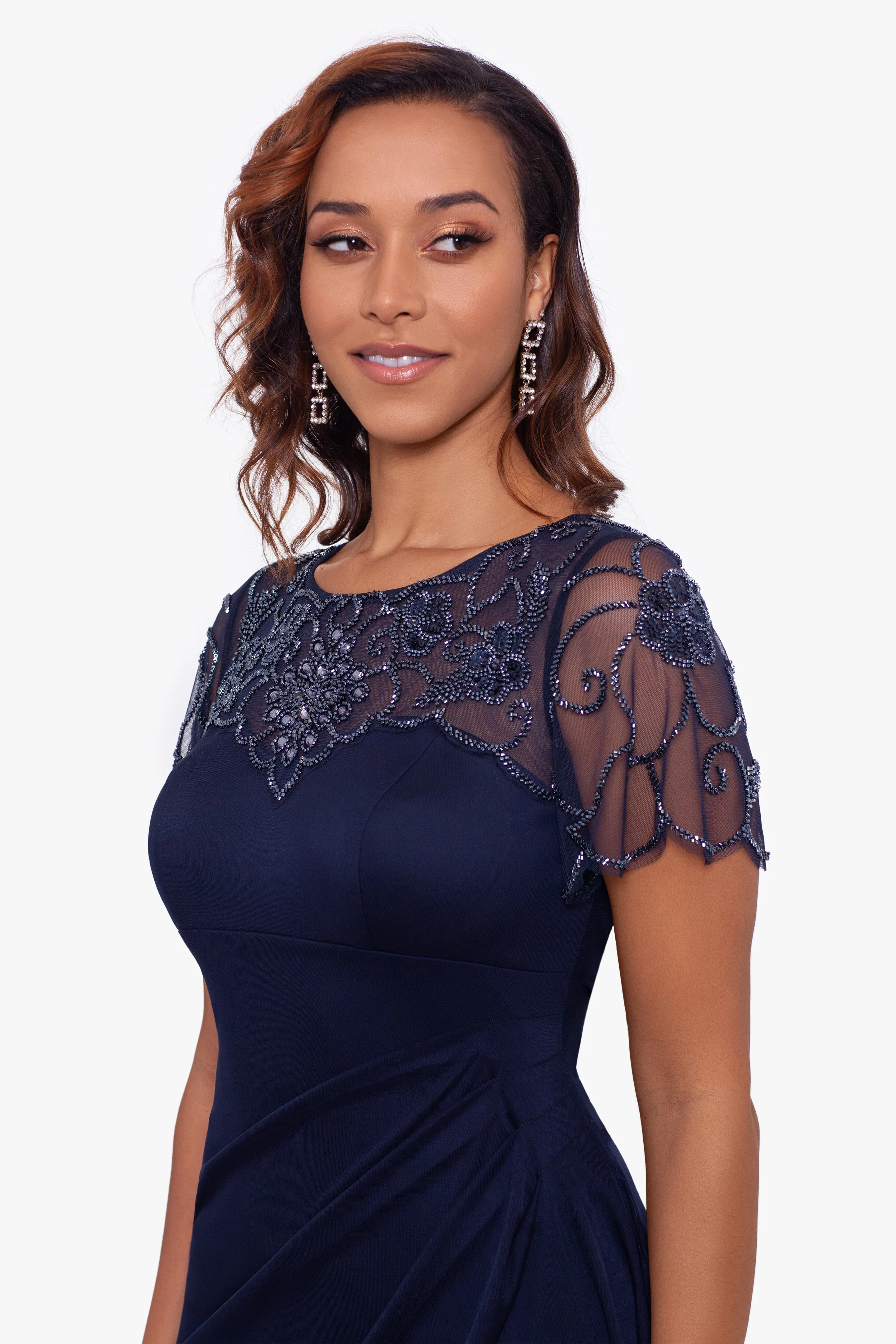 "Dahlia" Long Sheer Matte Jersey Beaded Top Dress sold by Xscape product image thumbnail 3