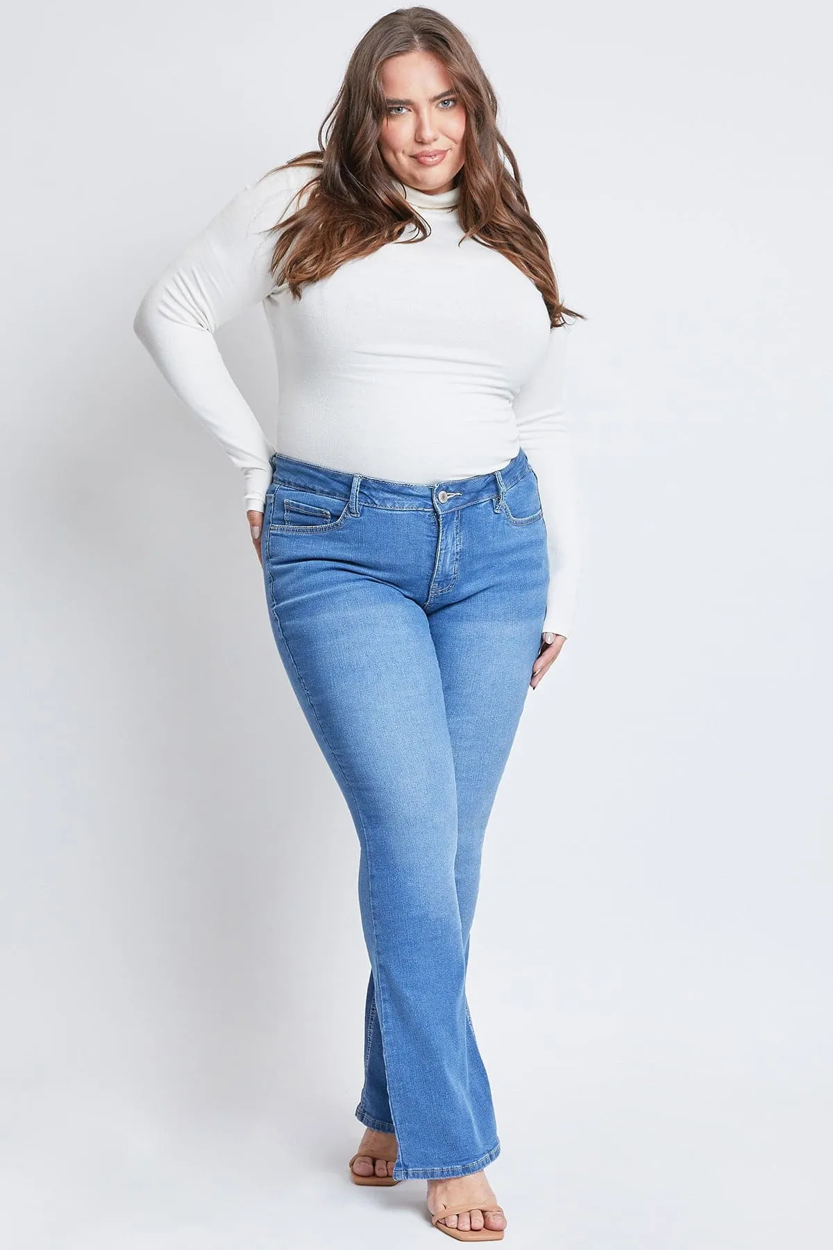 Women's Plus Sustainable Mid-Rise Bootcut Jean sold by YMI