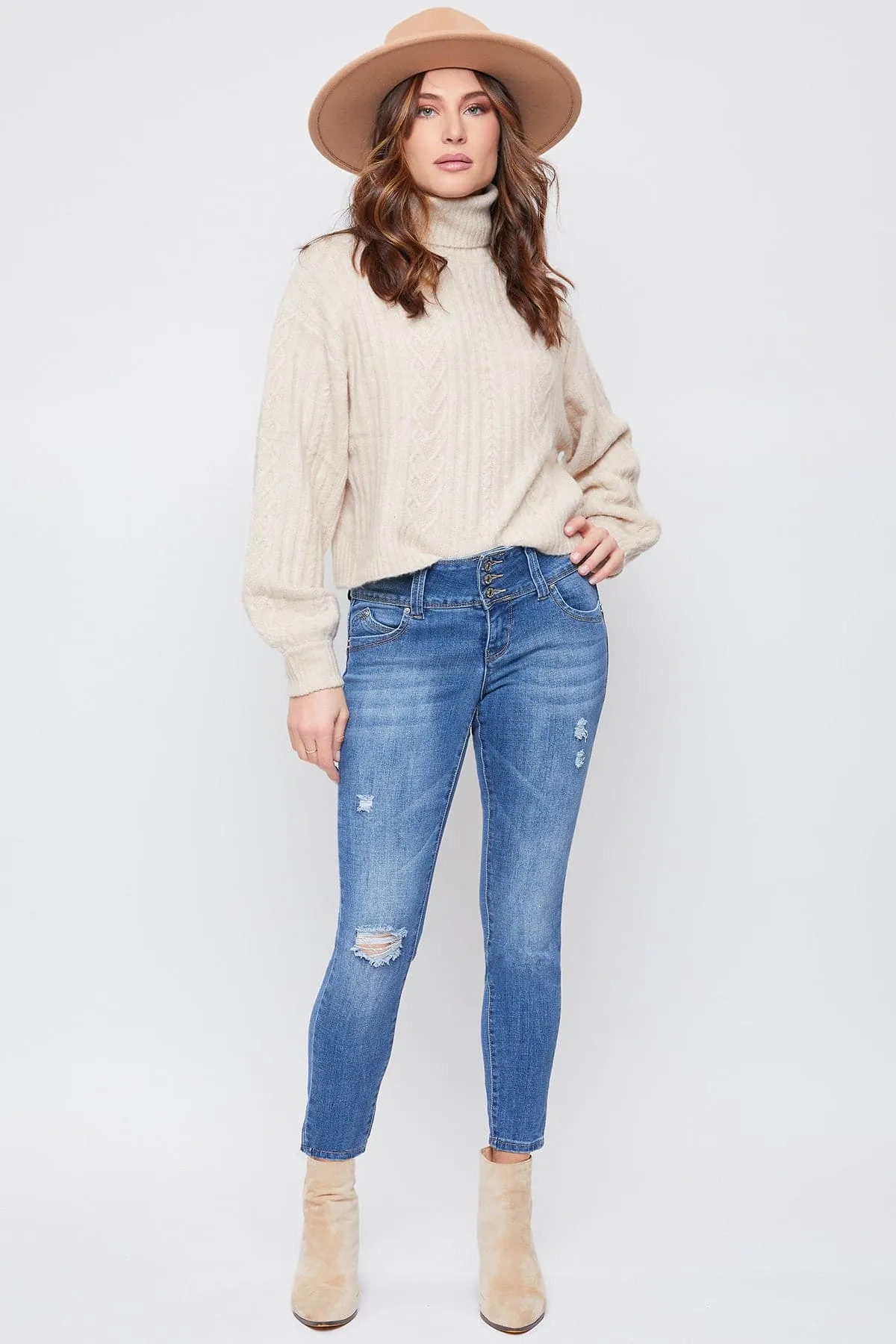 Women's Petite Sustainable WannaBettaButt Mid Rise Jeans sold by YMI