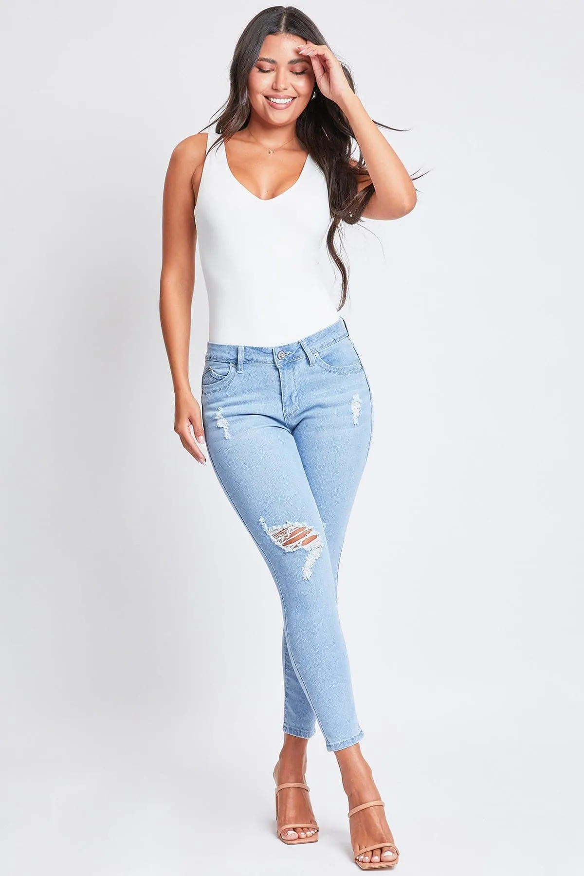 Women's Sustainable WannaBettaButt Skinny Distressed Jeans sold by YMI