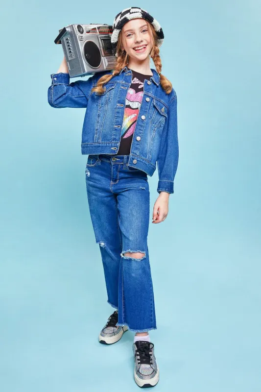 Girls Millie Dream  Elastic Back Wide Leg Fray Hem Jeans sold by YMI