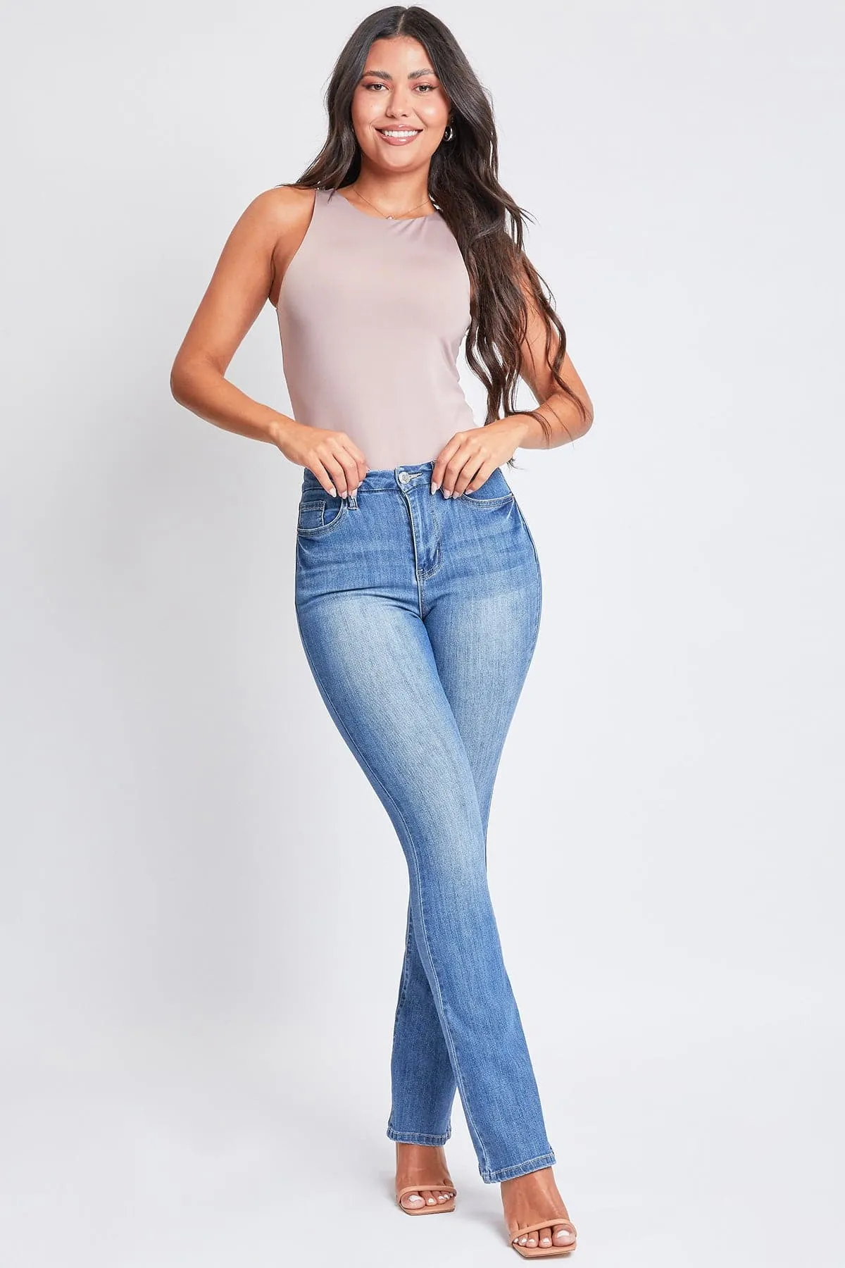 Women's Curvy Fit Ultra High Rise Bootcut Jeans sold by YMI